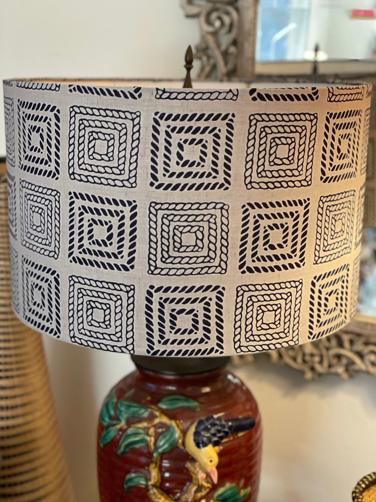 16 Inch Drum Lampshade. Vintage Summer Kimono Fabric from Japan. Smokey Gray and Black Braided Cord Motif.