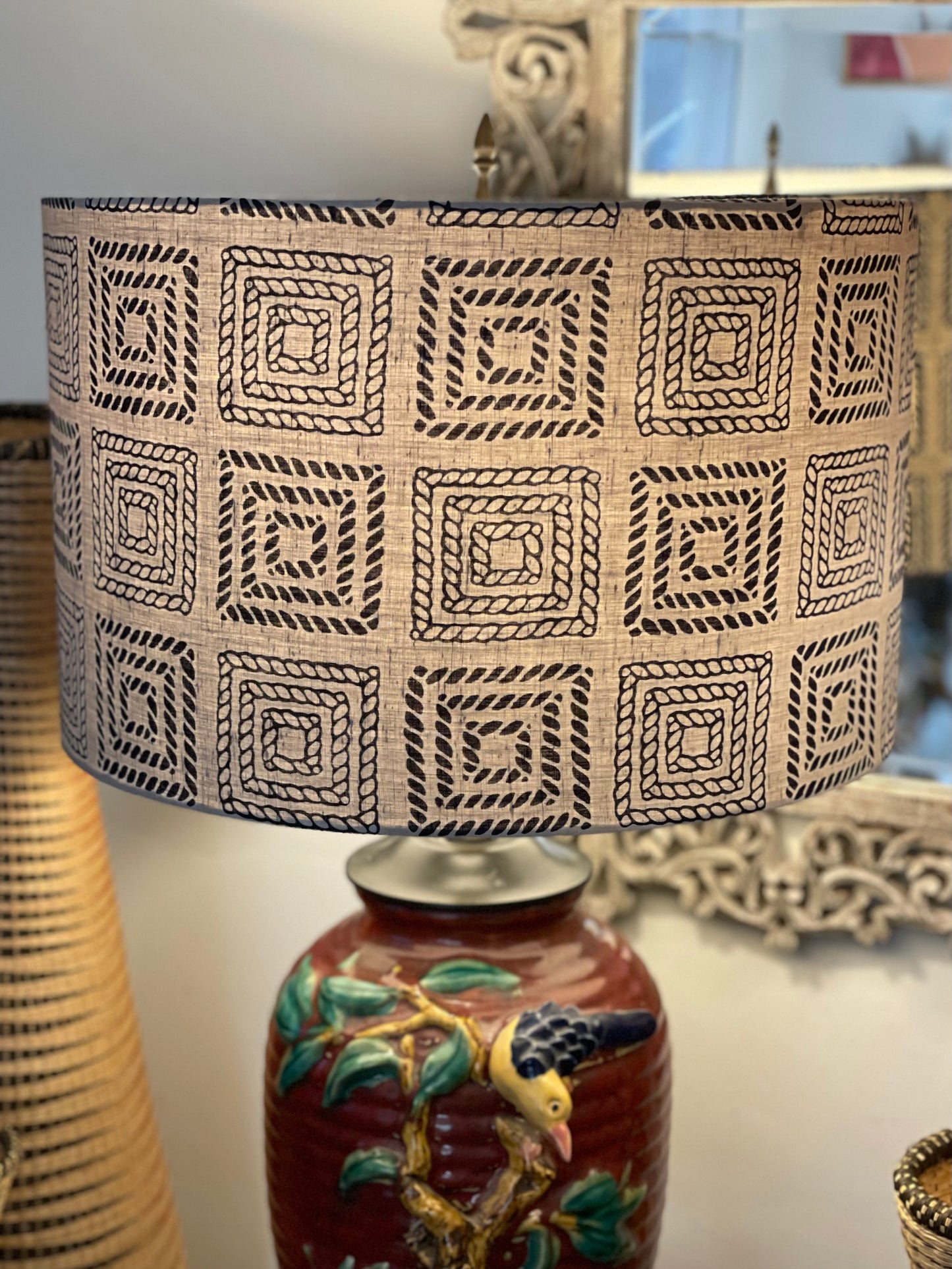 16 Inch Drum Lampshade. Vintage Summer Kimono Fabric from Japan. Smokey Gray and Black Braided Cord Motif.