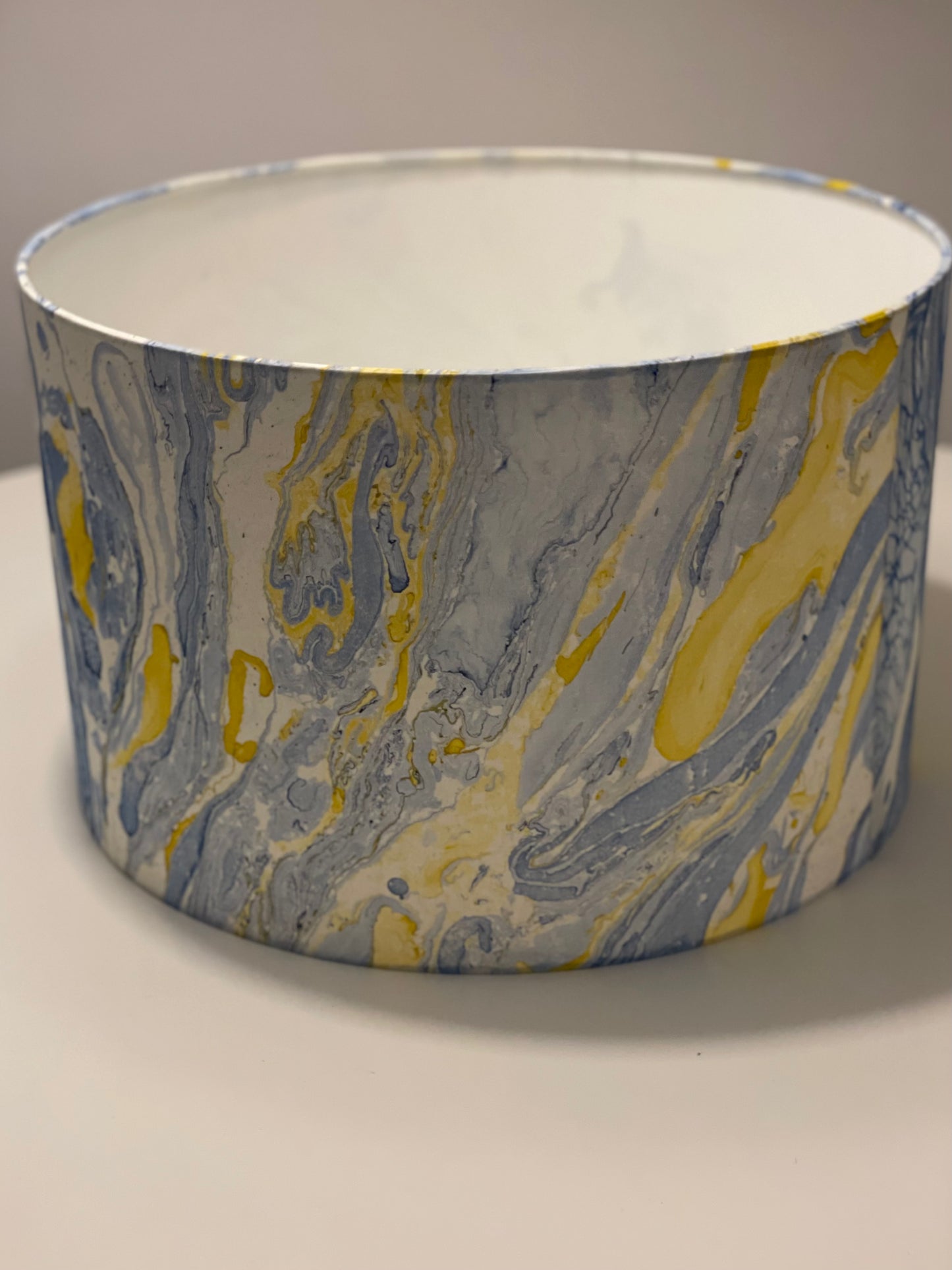 16 Inch Drum Lampshade. Indian Hand Marbled Fabric. Blue, Yellow, Ivory.