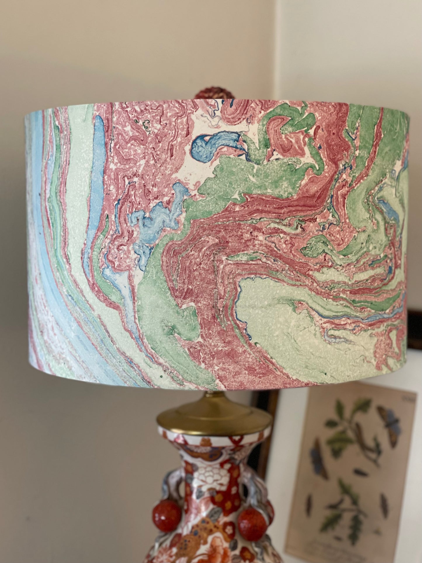 16 Inch Drum Lampshade. Indian Hand Marbled Fabric. Blue, Green, Red, Ivory.