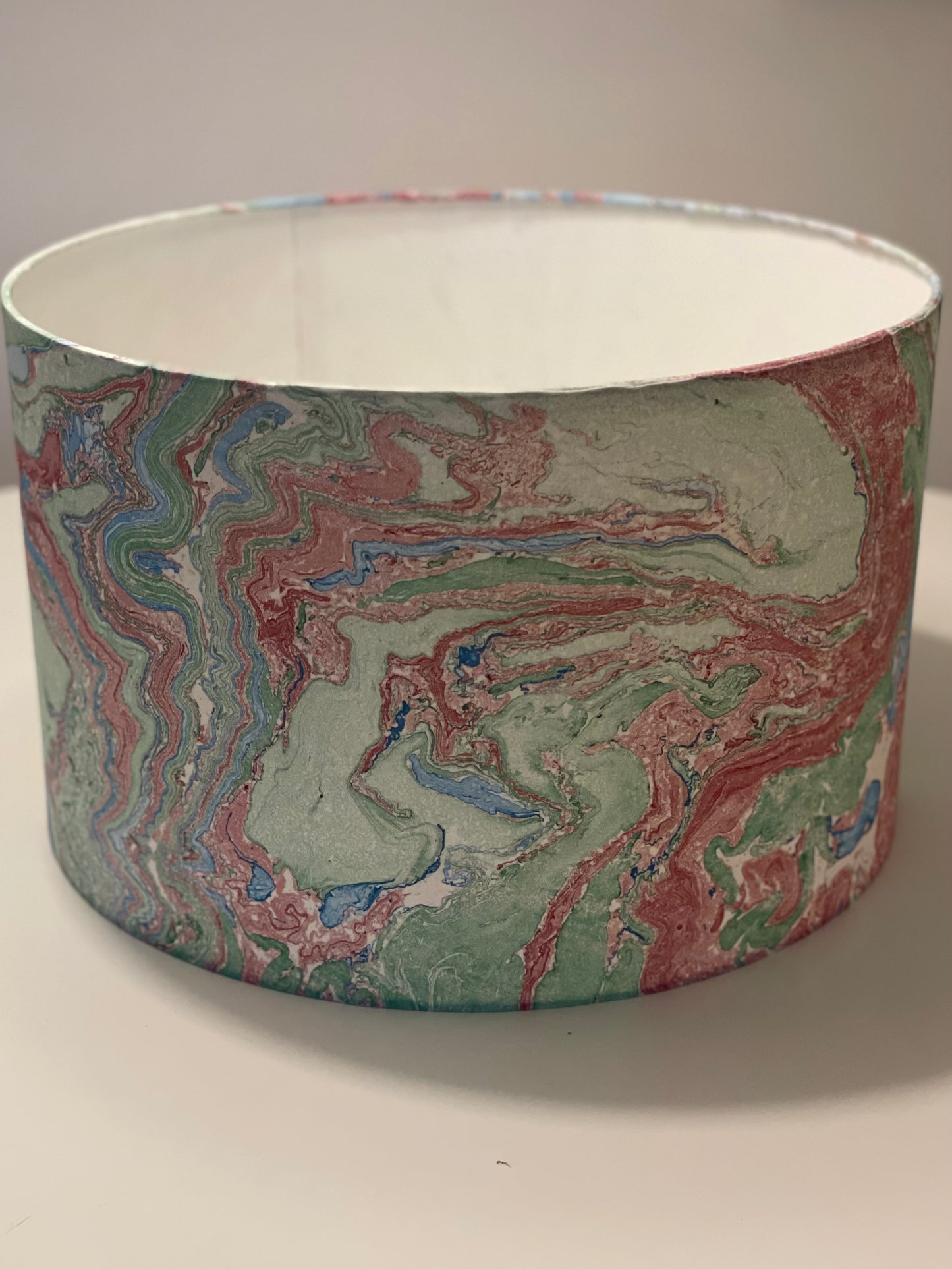 16 Inch Drum Lampshade. Indian Hand Marbled Fabric. Blue, Green, Red, Ivory.