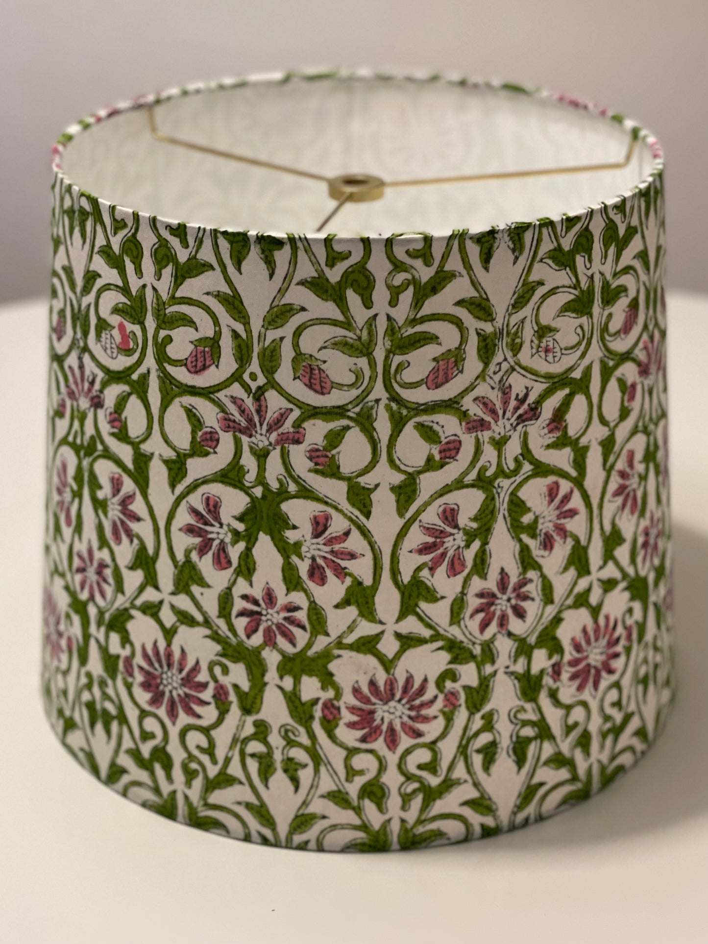 Medium Empire Lampshade. Sanganeri Hand Block Print from Jaipur. Avocado and Taupe-y Pink Floral and Vine Motif.