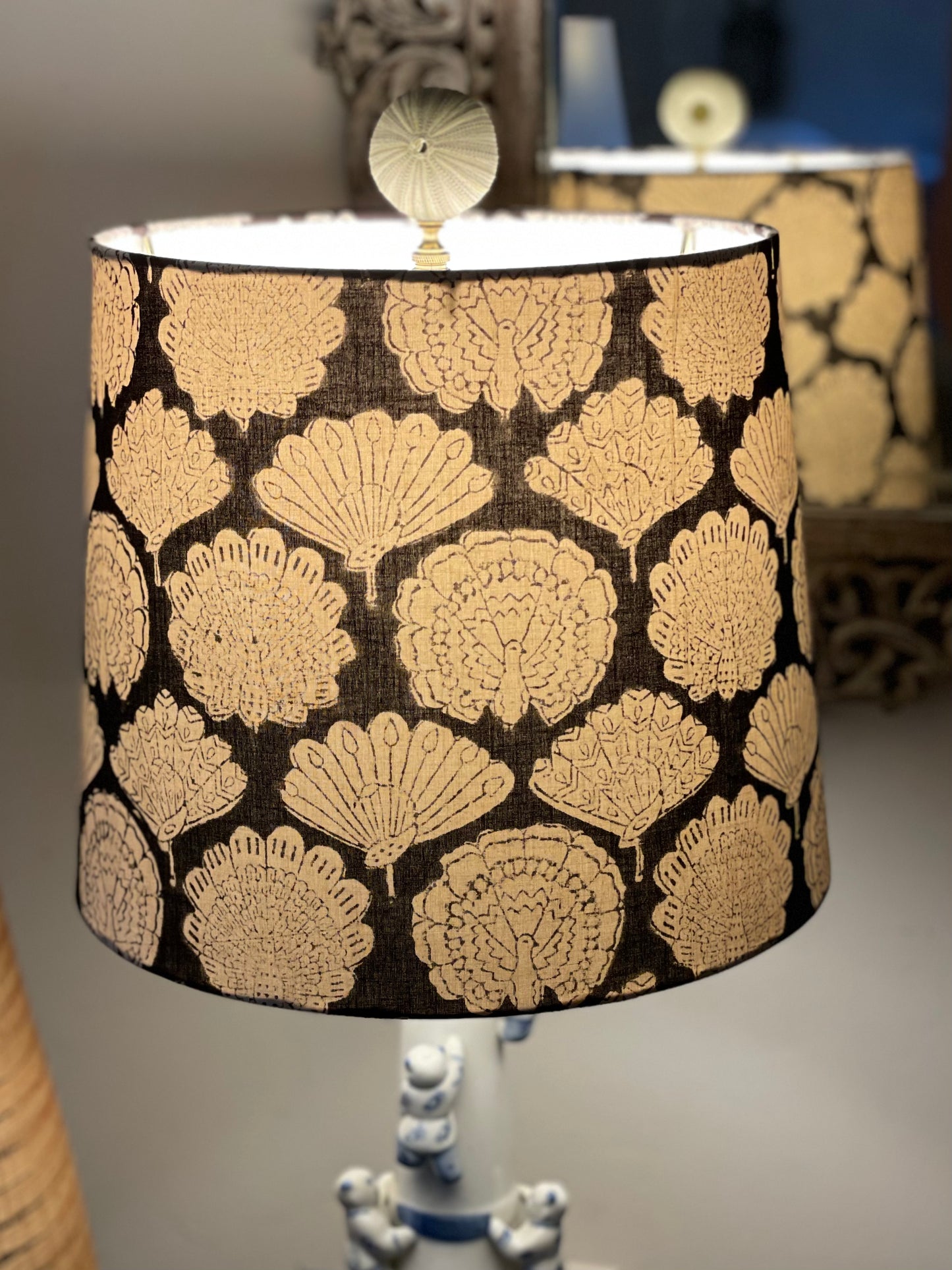 Medium Empire Lampshade. Indian Hand Block Print. Black with Ivory Peacock Motif.