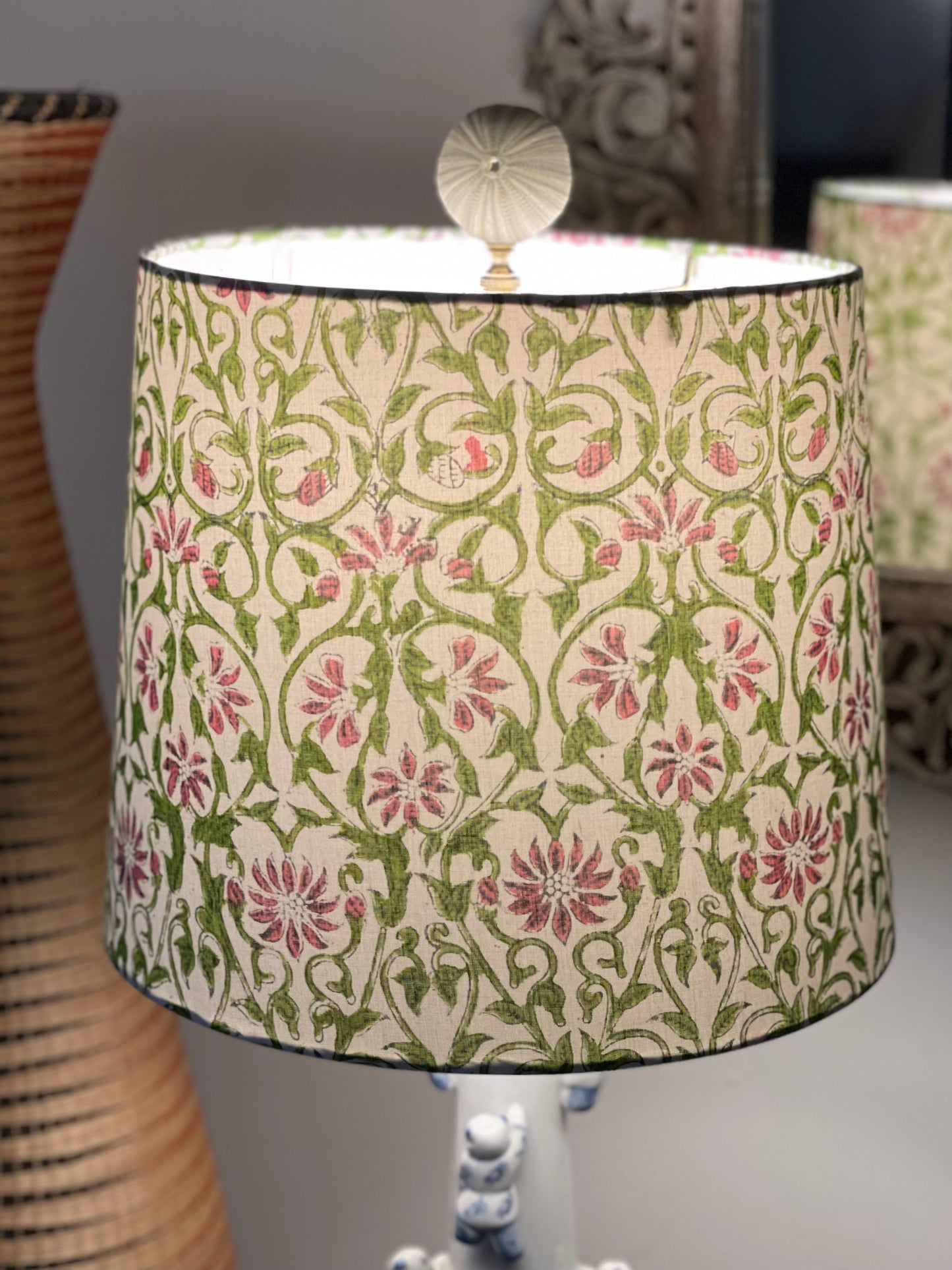 Medium Empire Lampshade. Sanganeri Hand Block Print from Jaipur. Avocado and Taupe-y Pink Floral and Vine Motif.