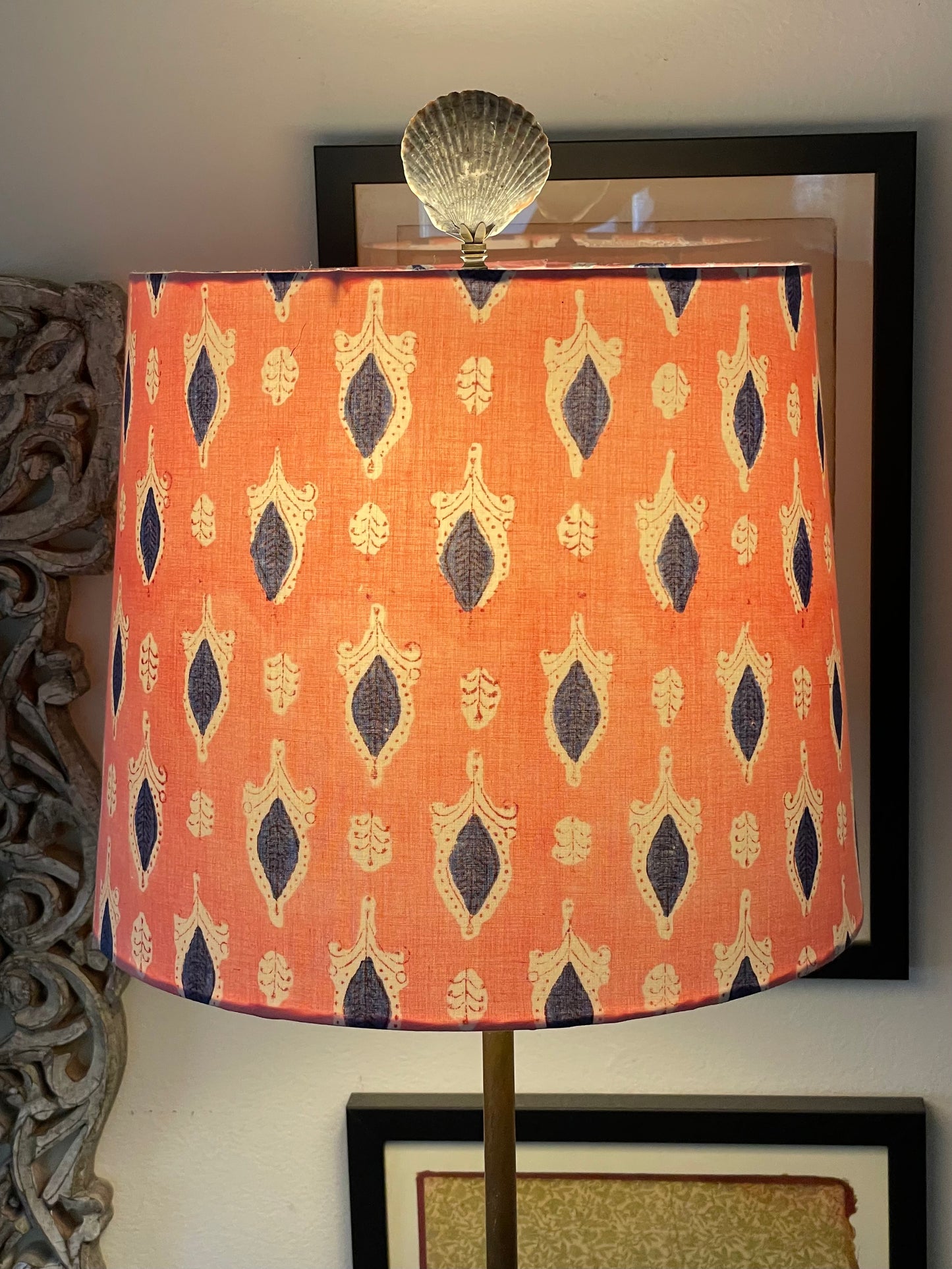 Medium Empire Lampshade. Indian Block print from Jaipur. Rosy Pink with Navy and White.