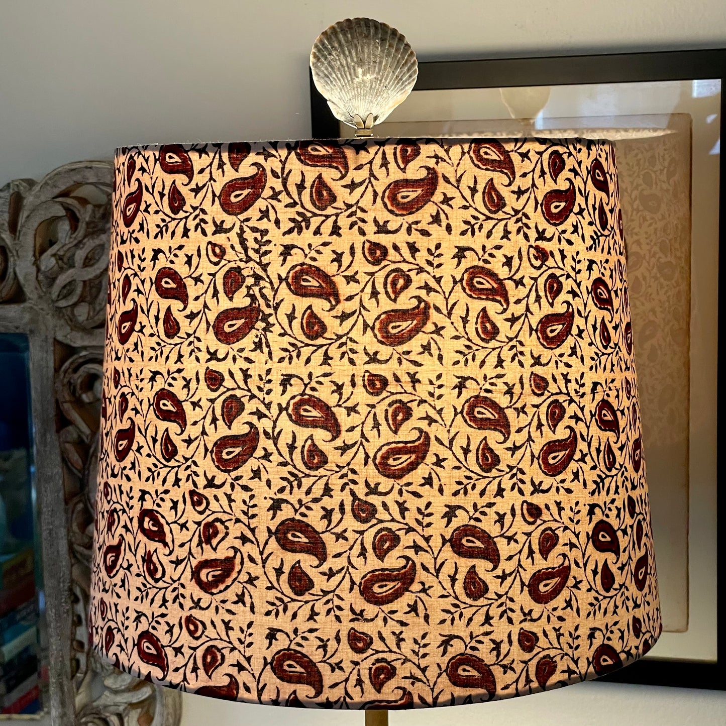 Medium Empire Lampshade. Indian Block Print from Bagh. Maroon and Licorice Paisley Pattern on Ivory.