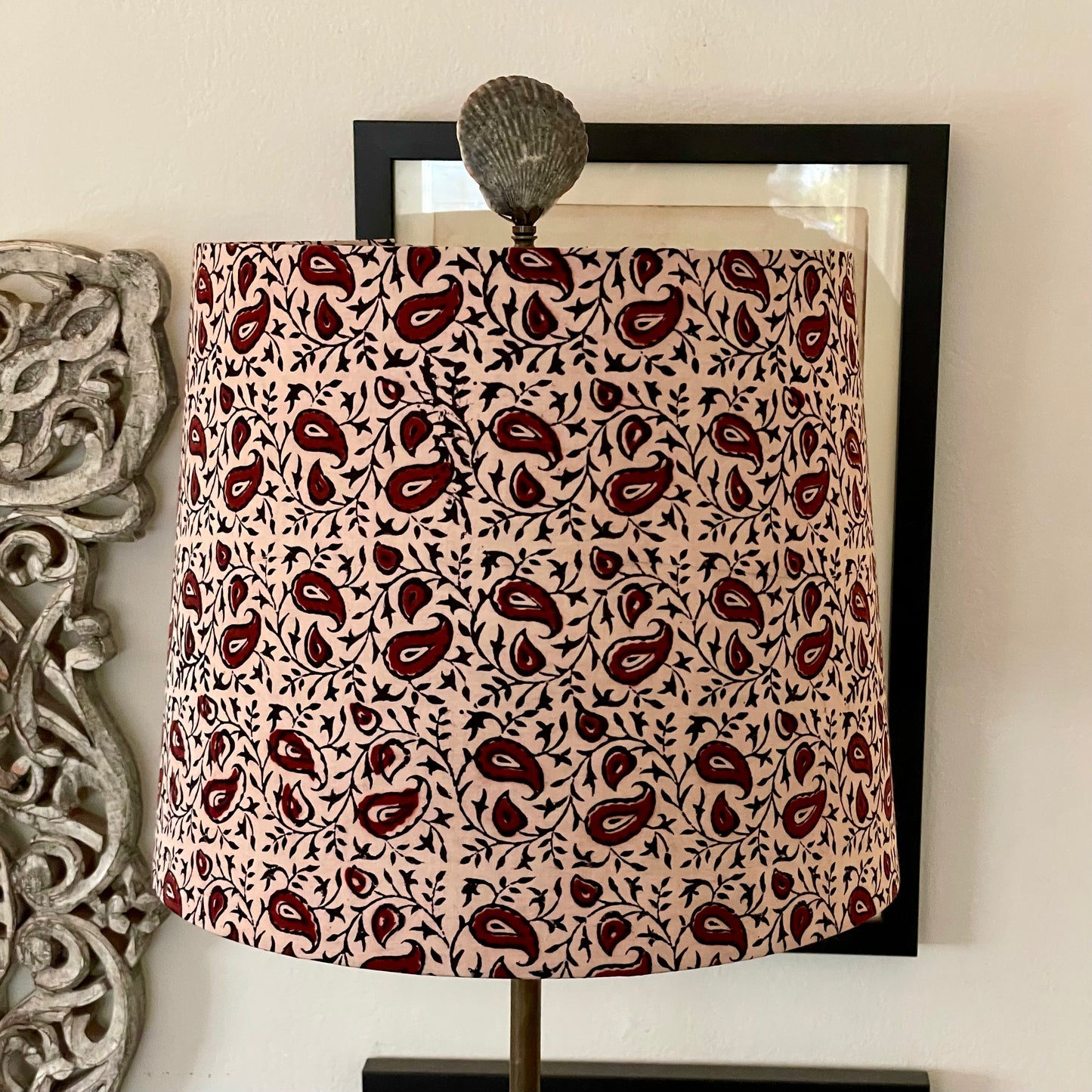Medium Empire Lampshade. Indian Block Print from Bagh. Maroon and Licorice Paisley Pattern on Ivory.
