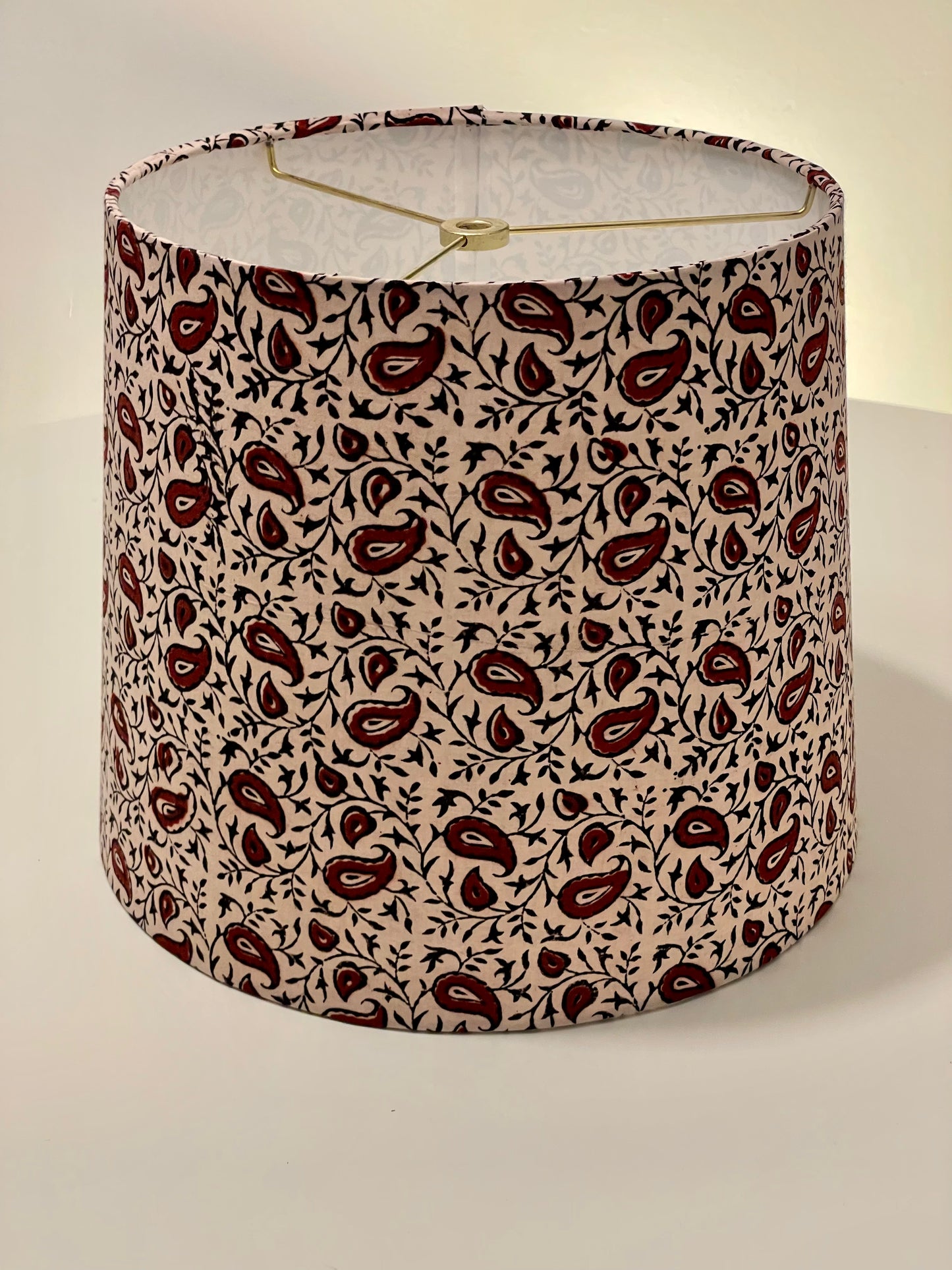 Medium Empire Lampshade. Indian Block Print from Bagh. Maroon and Licorice Paisley Pattern on Ivory.