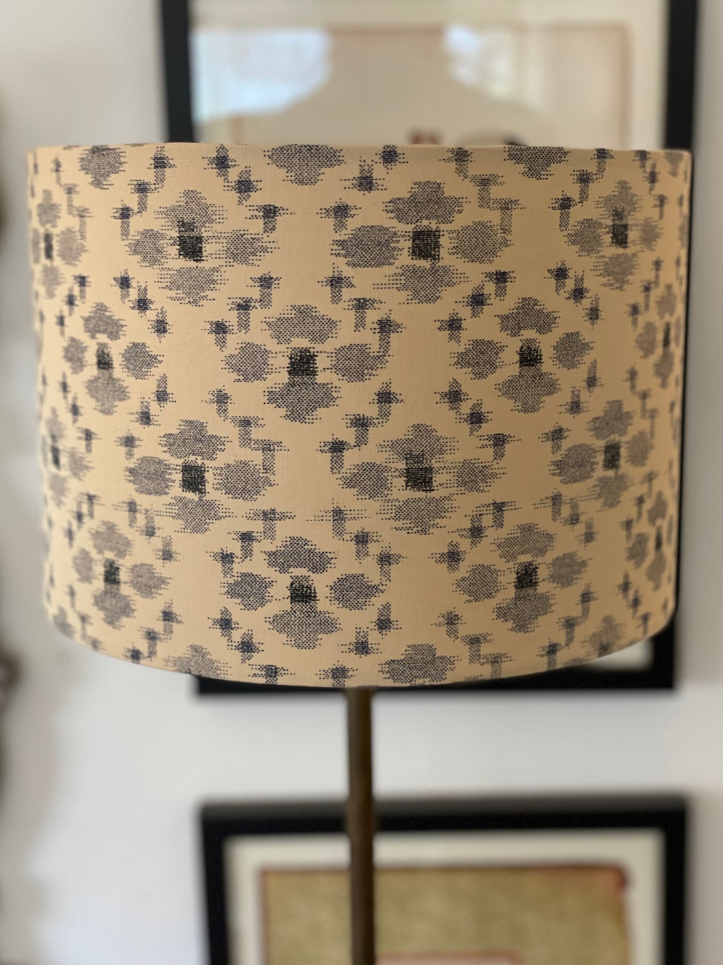 10 inch Drum Lampshade. Traditional Japanese Fabric. Sand with Blue-Gray "Igeta" Grid Pattern.