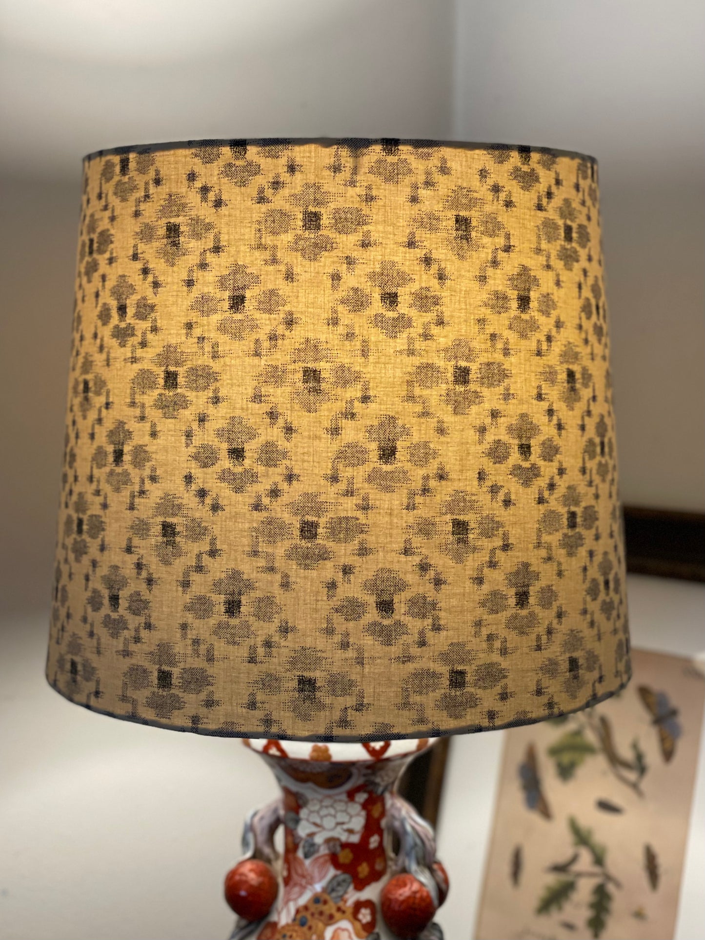 Medium Empire Lampshade. Traditional Japanese Fabric. Sand with Blue-Gray "Igeta" Grid Pattern.