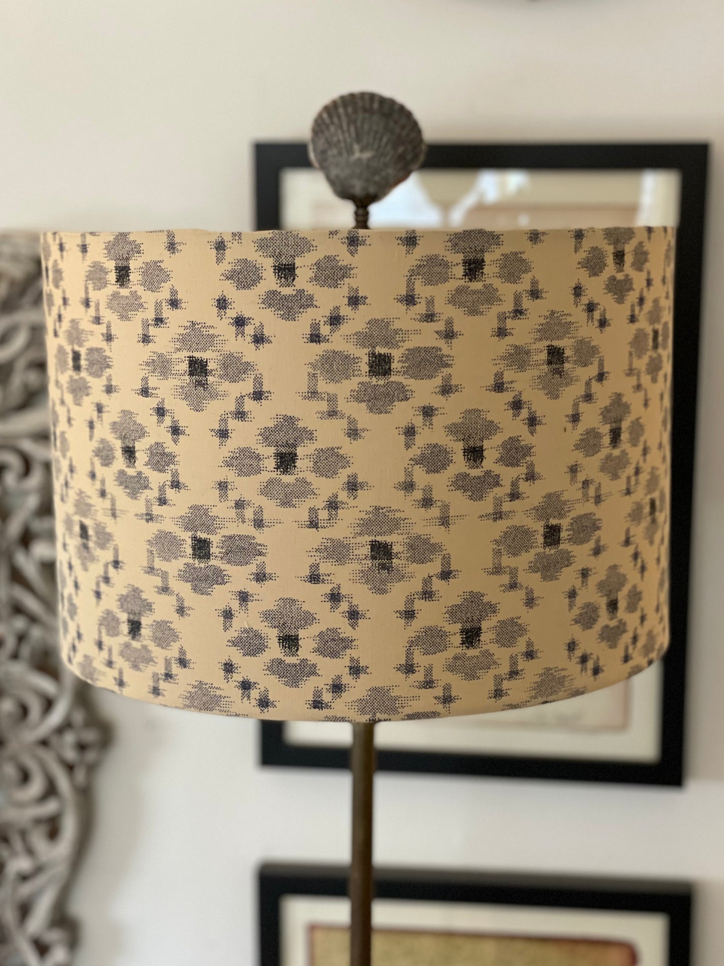 12 Inch Drum Shade. Traditional Japanese Fabric. Sand with Blue-Gray "Igeta" Grid Pattern.
