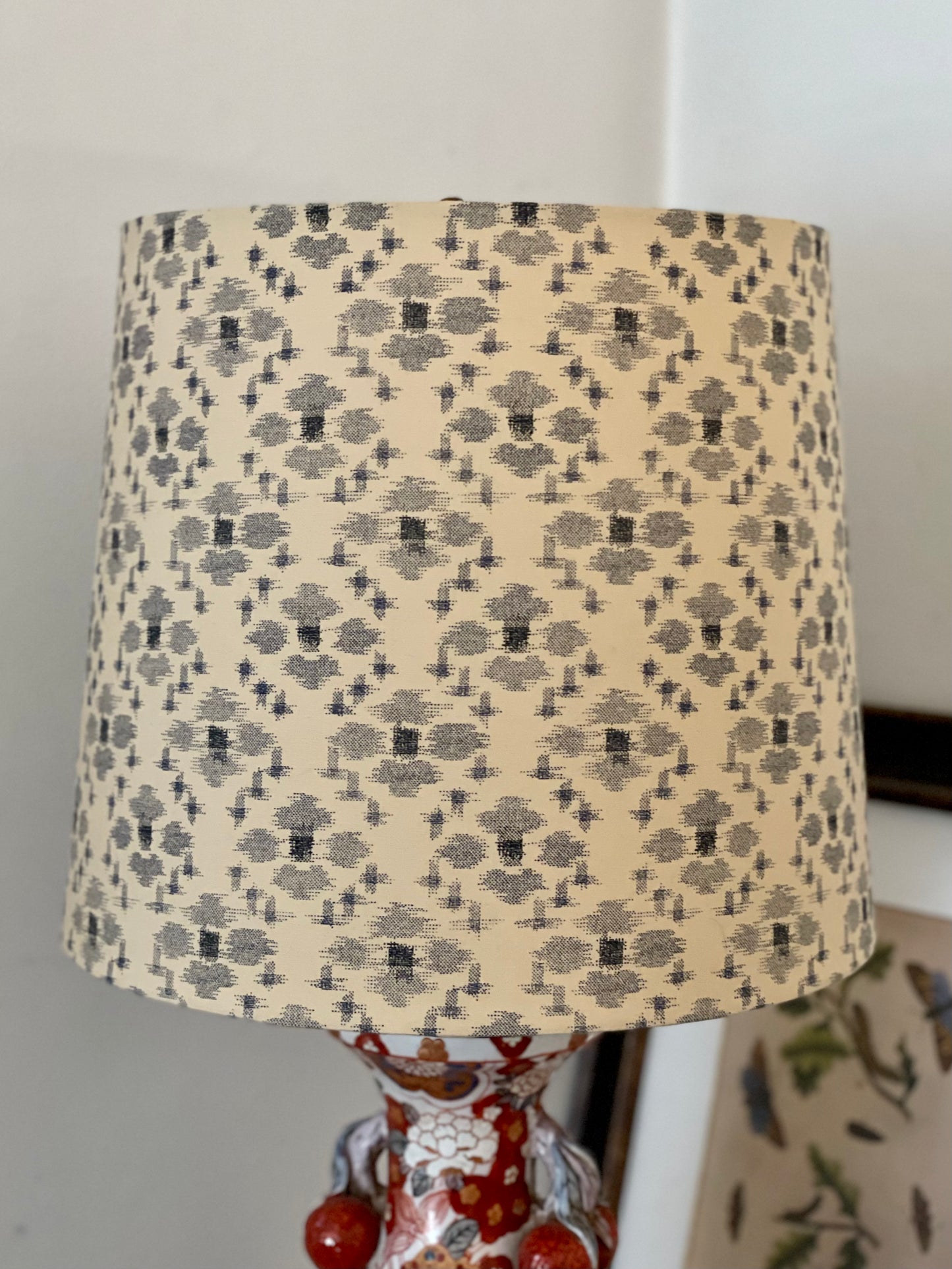 Large Empire Shade. 11.75 x 13.75 x 11.75. Traditional Japanese Fabric. Sand with Blue-Gray "Igeta" Grid Pattern.