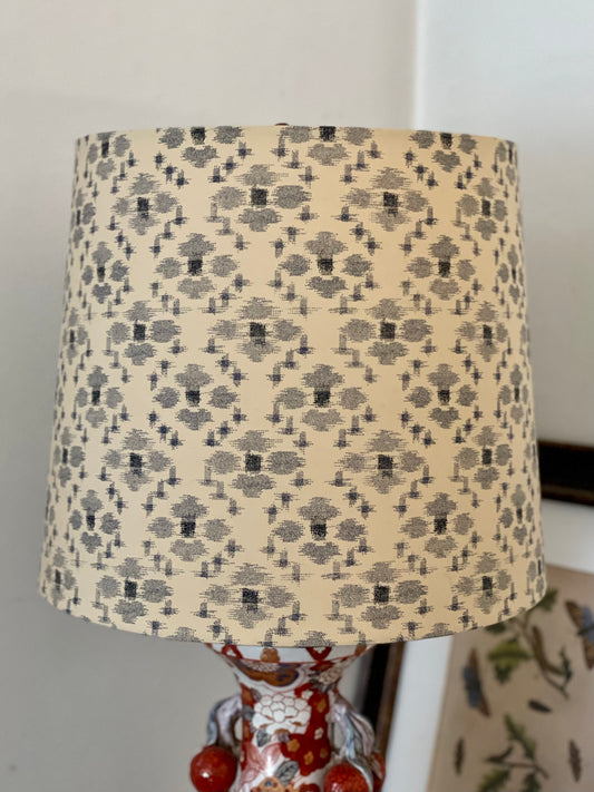 Large Empire Shade. 11.75 x 13.75 x 11.75. Traditional Japanese Fabric. Sand with Blue-Gray "Igeta" Grid Pattern.
