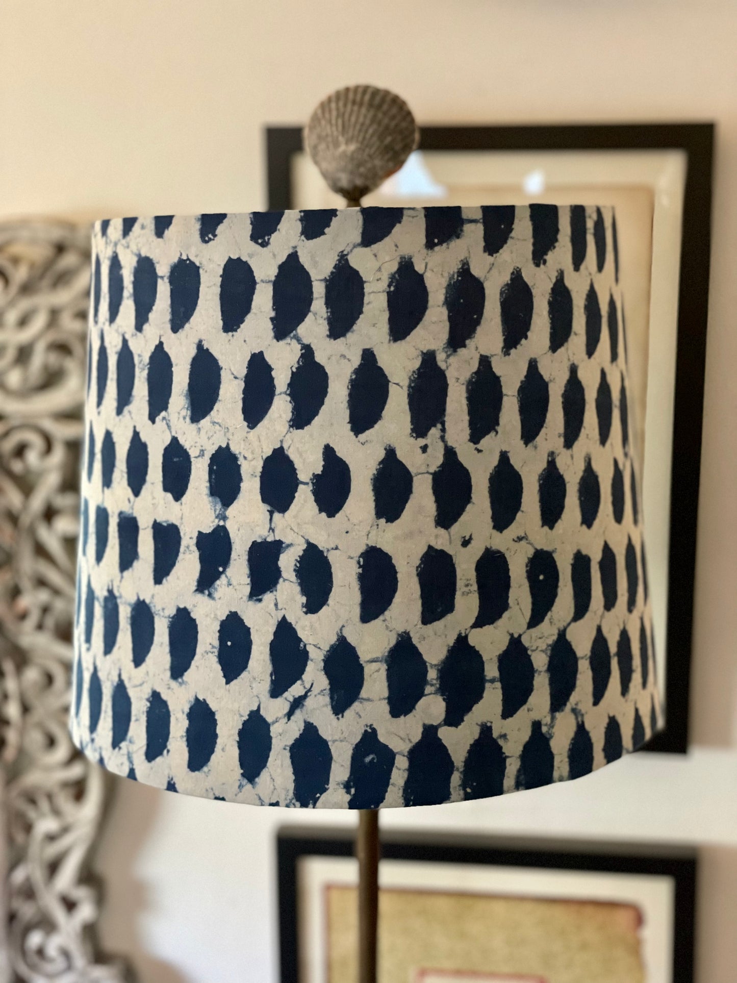 Medium Empire Lampshade. Indigo Hand Batik from India.