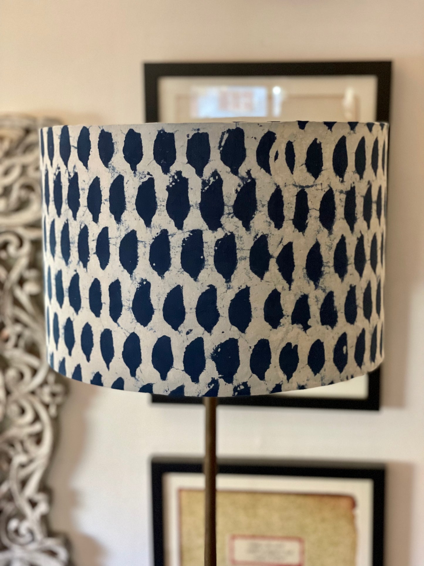 12 Inch Drum Shade. Indigo Hand Batik from India.