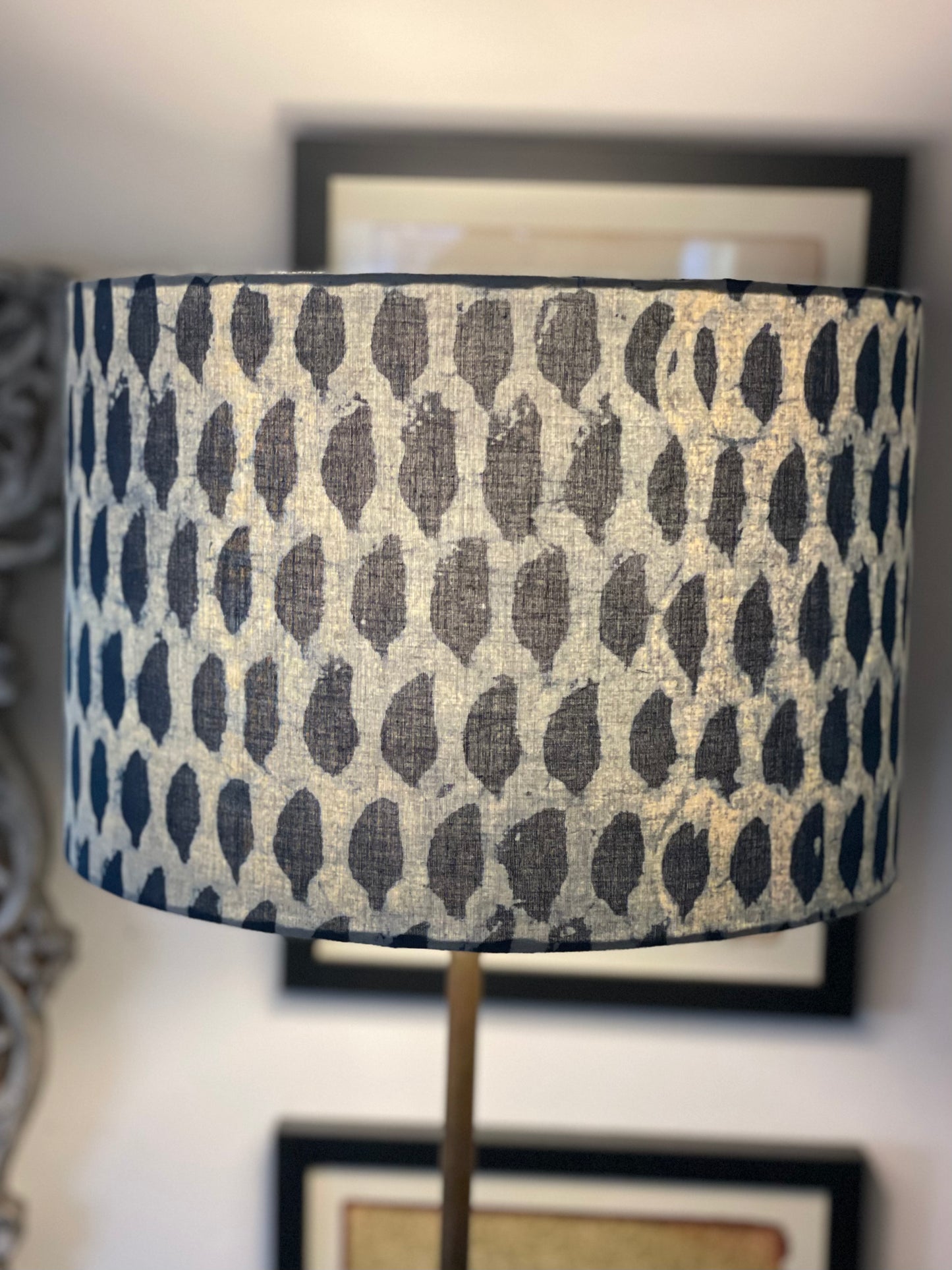 12 Inch Drum Shade. Indigo Hand Batik from India.