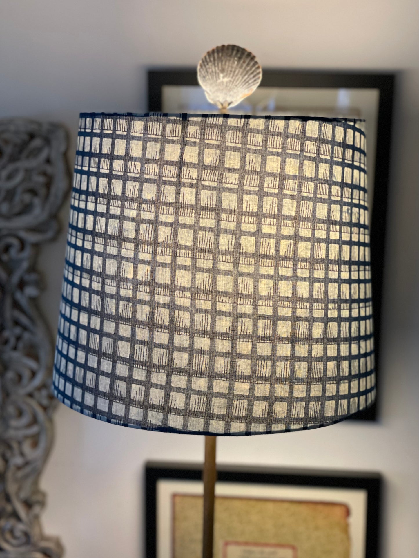 Medium Empire Lampshade. Indigo Hand Print from India. Blue and White Windowpane Motif.