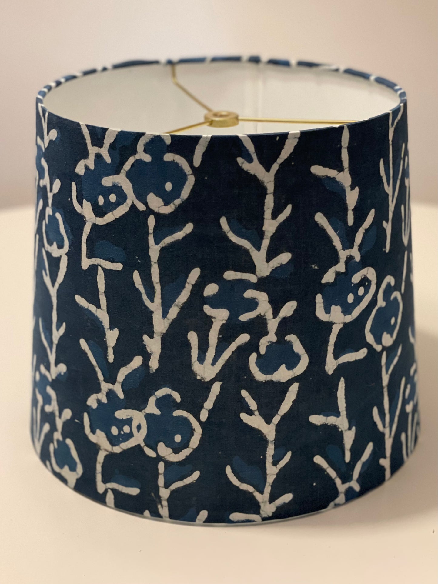 Medium Empire Lampshade. Hand Batik from India. Indigo Flower Motif.