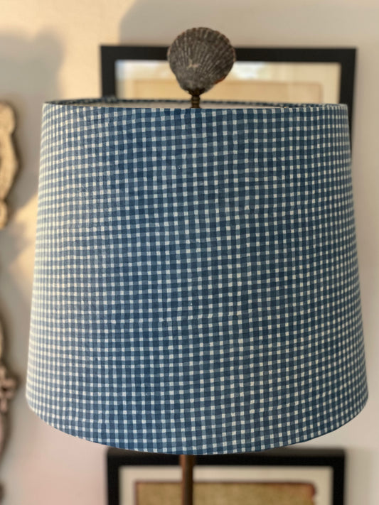 Medium Empire Lampshade. Indigo Hand Print from India. Faded Blue Check Pattern.
