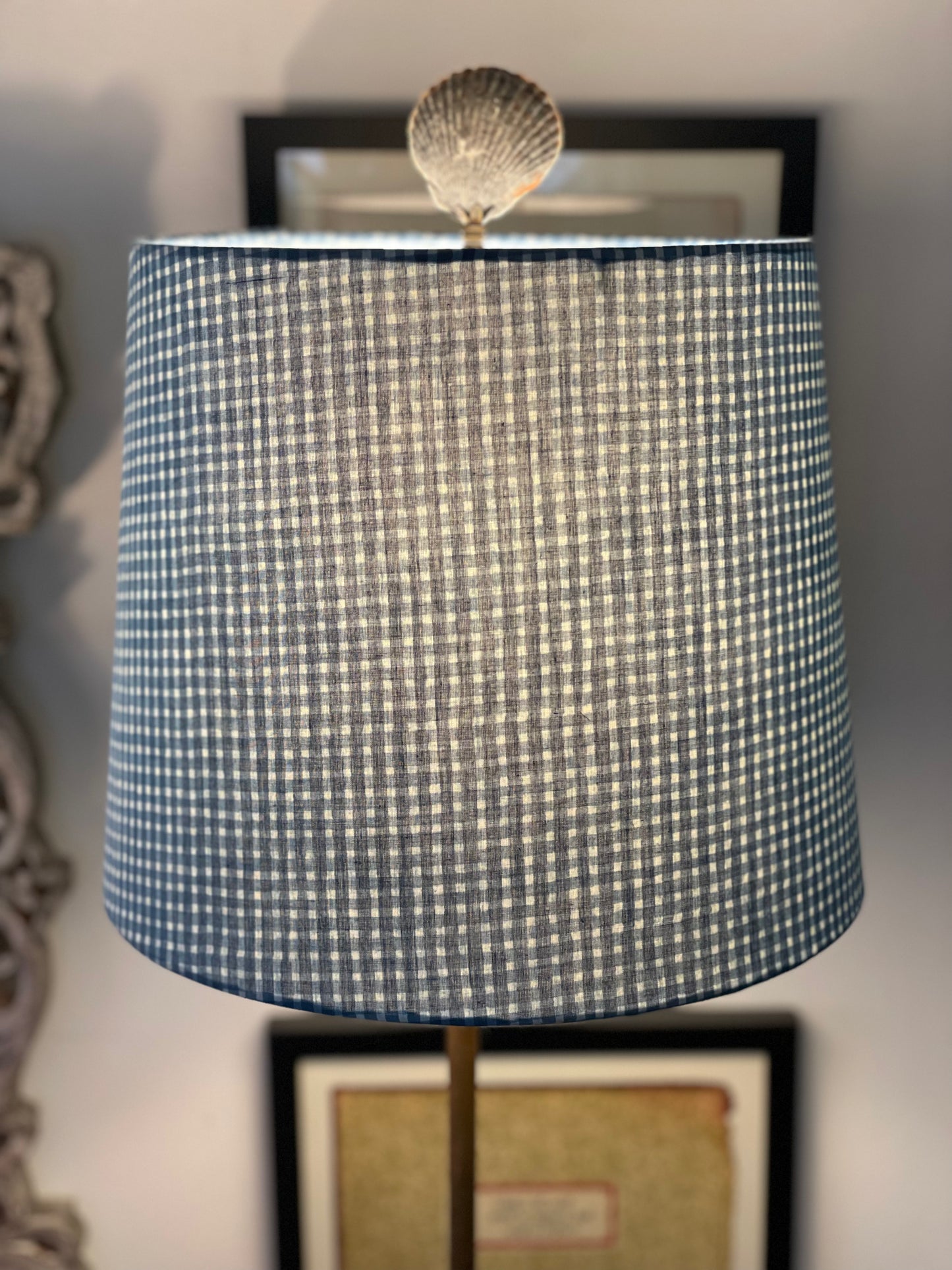Medium Empire Lampshade. Indigo Hand Print from India. Faded Blue Check Pattern.