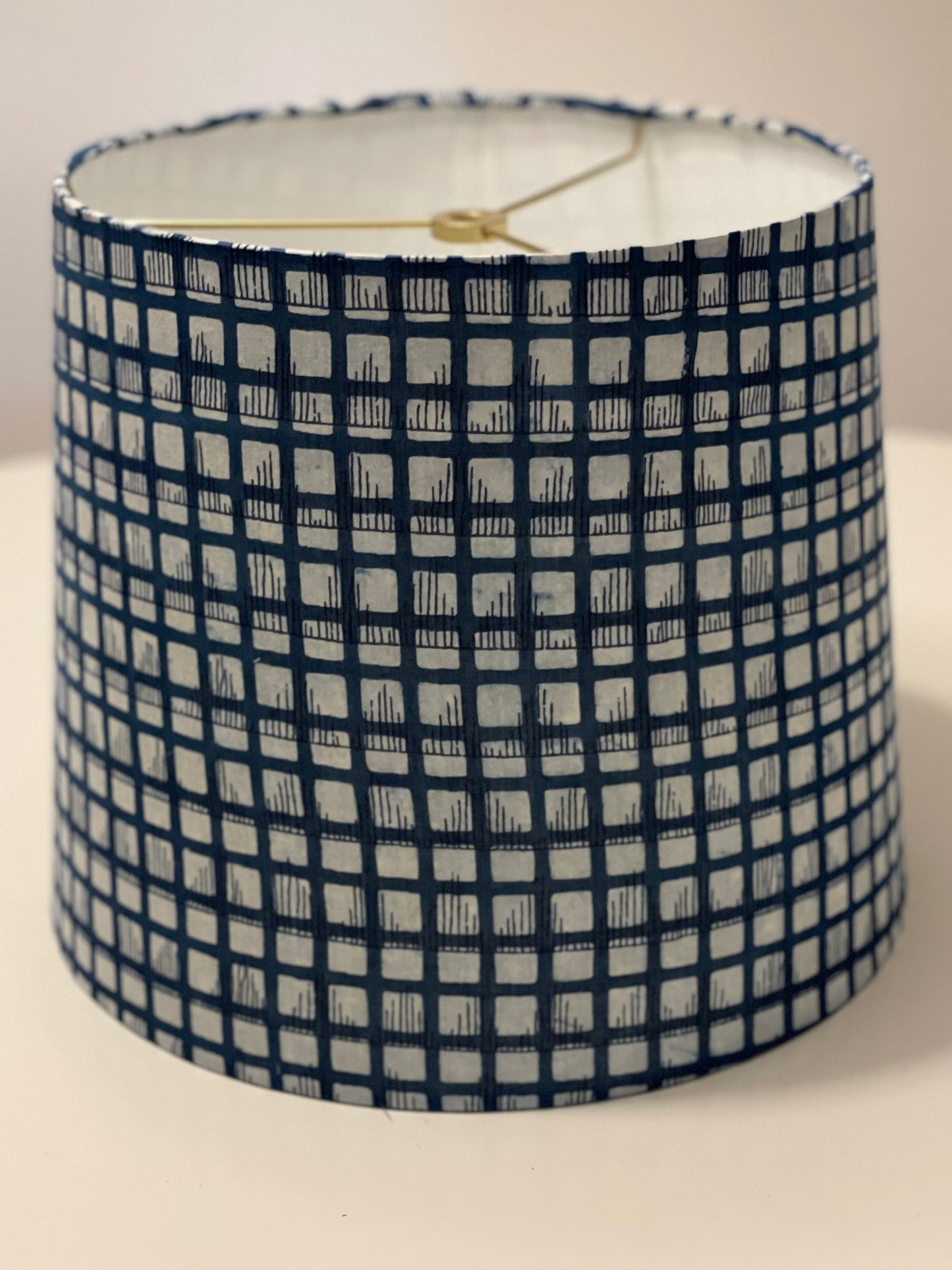 Medium Empire Lampshade. Indigo Hand Print from India. Blue and White Windowpane Motif.