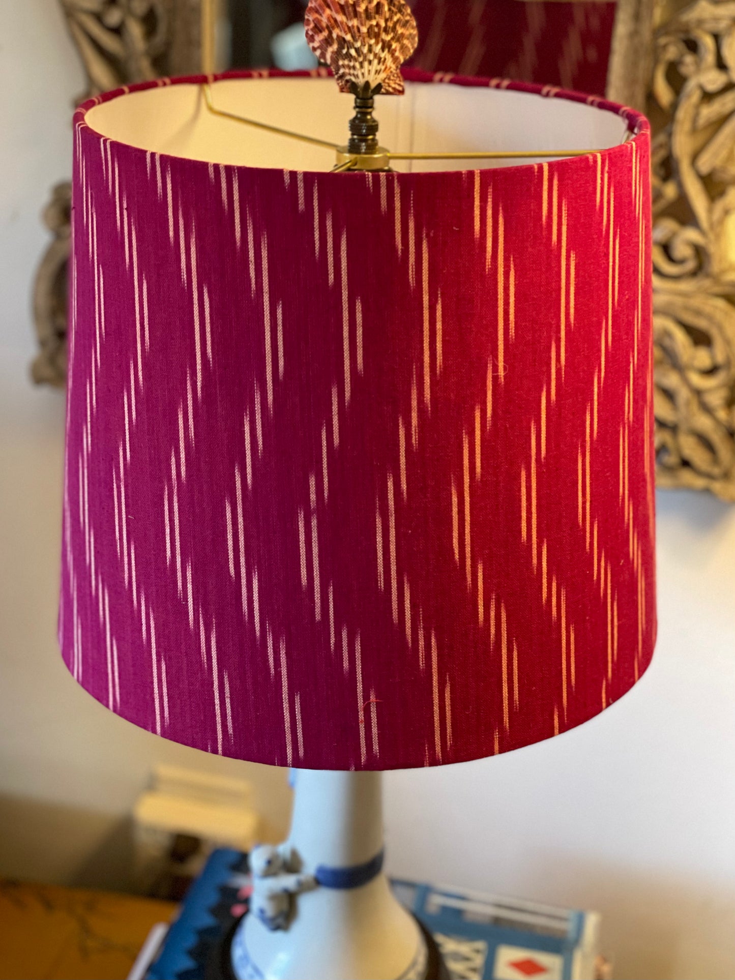 Medium Empire Lampshade. Indian Pochampally Ikat Weave Cotton Fabric. Plum and Ivory.