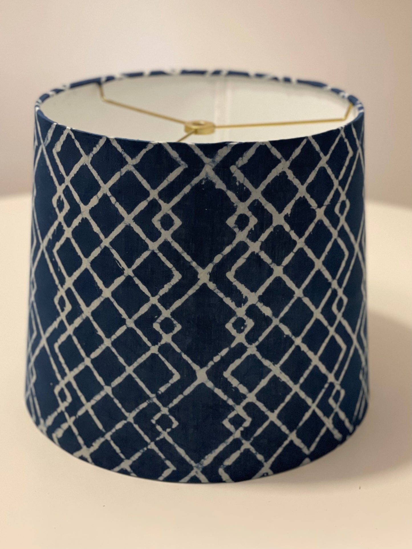 Medium Empire Lampshade. Hand Batik from India. Indigo Geometric Motif.
