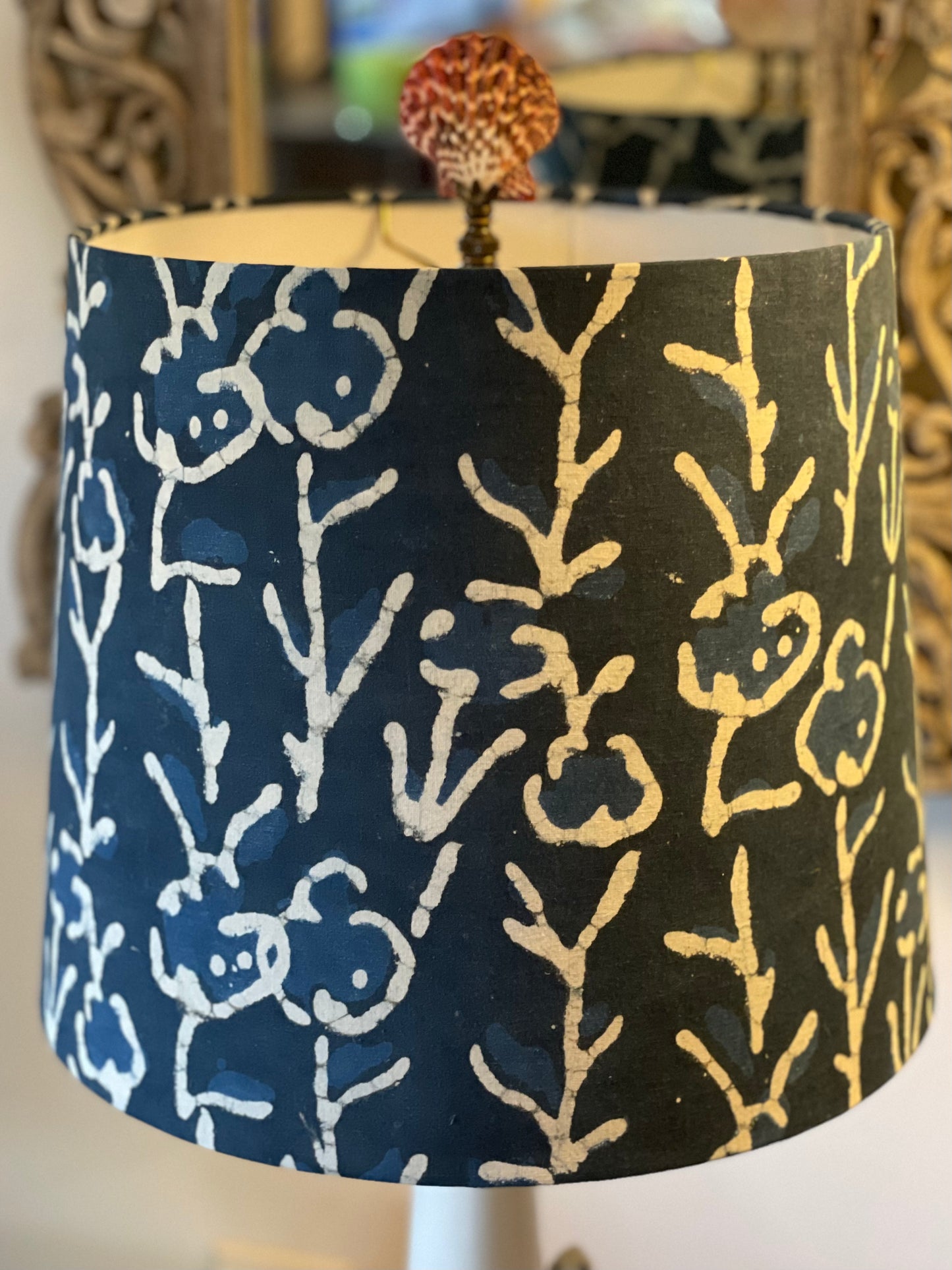 Medium Empire Lampshade. Hand Batik from India. Indigo Flower Motif.