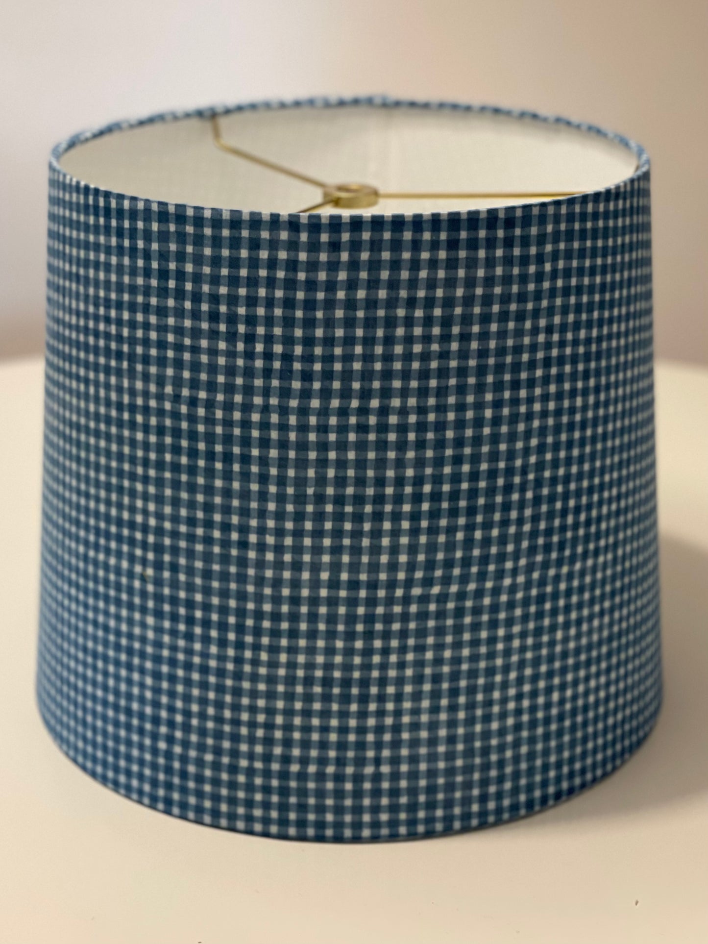 Medium Empire Lampshade. Indigo Hand Print from India. Faded Blue Check Pattern.