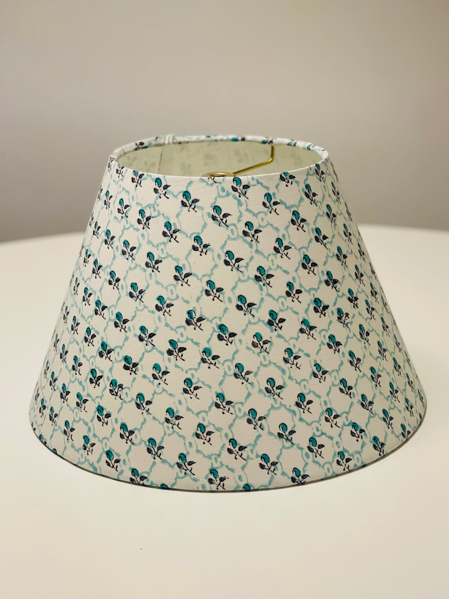 Small Conical Lampshade. Indian Hand Block Print. Pretty Teal Lattice and Buta Pattern.