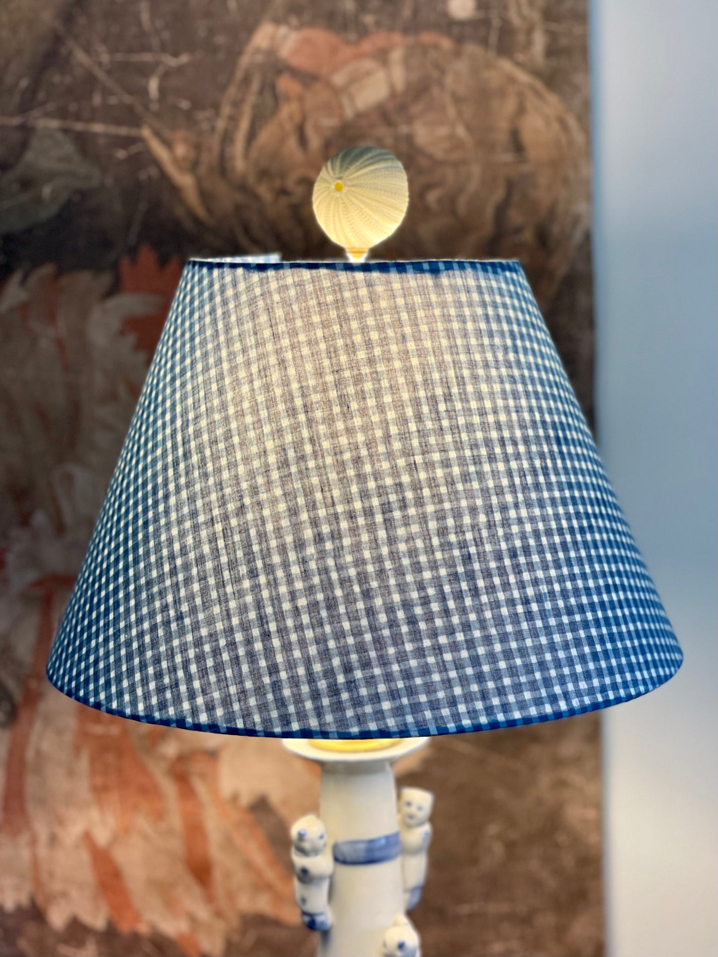 Small Conical Lampshade. Indian Block Print. Indigo Hand Print from India. Faded Blue Check Pattern.