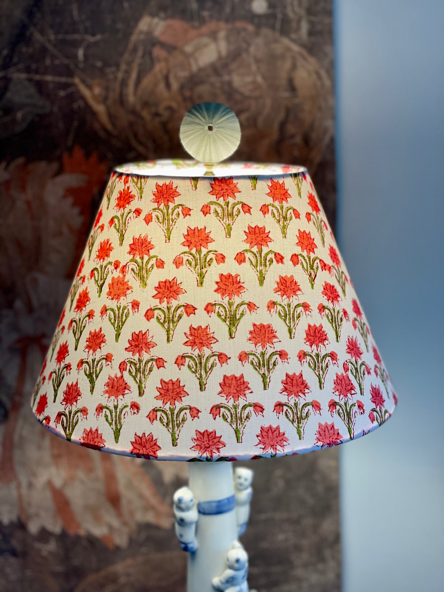 Small Conical Lampshade. Indian Block Print. Carmine Pink and Olive Green Floral on Ivory.