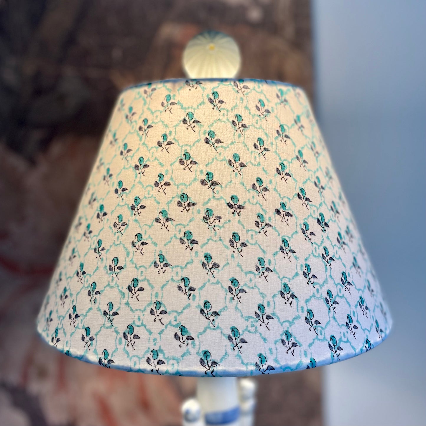 Small Conical Lampshade. Indian Hand Block Print. Pretty Teal Lattice and Buta Pattern.
