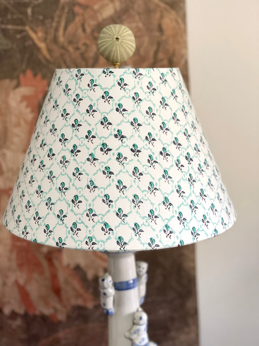 Small Conical Lampshade. Indian Hand Block Print. Pretty Teal Lattice and Buta Pattern.