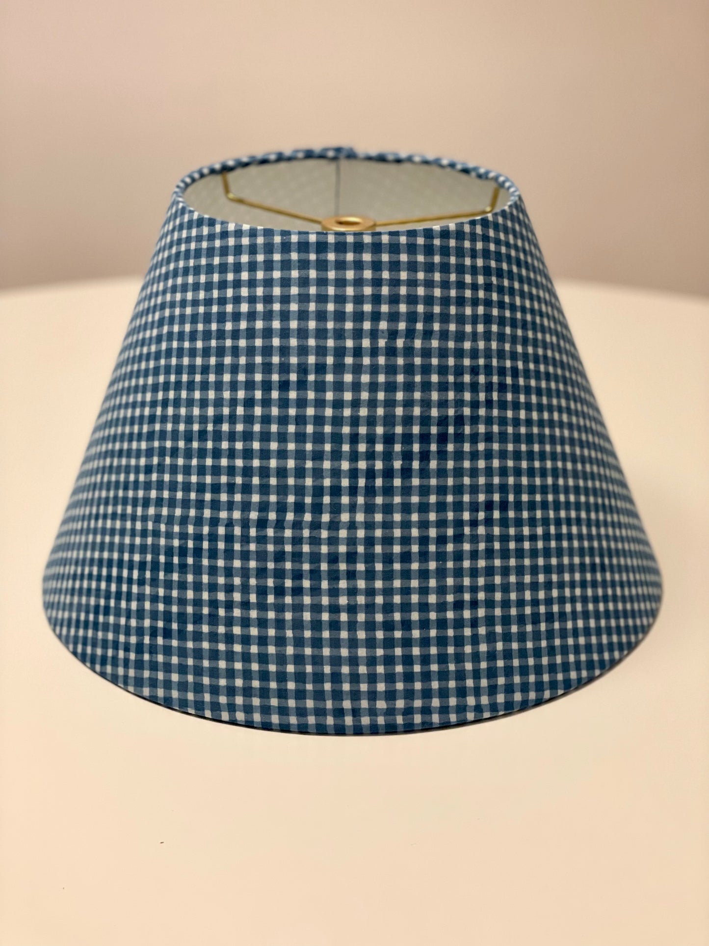 Small Conical Lampshade. Indian Block Print. Indigo Hand Print from India. Faded Blue Check Pattern.