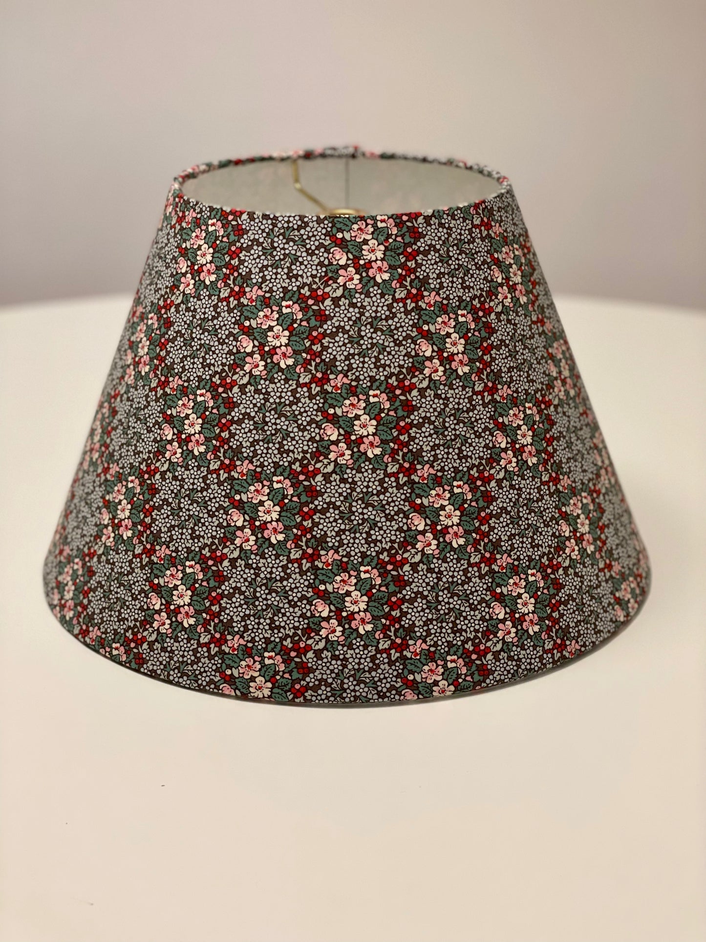 Small Conical Lampshade. Pretty Multicolored Poplin from Japan. Red, Pink, Green, and White on Charcoal.