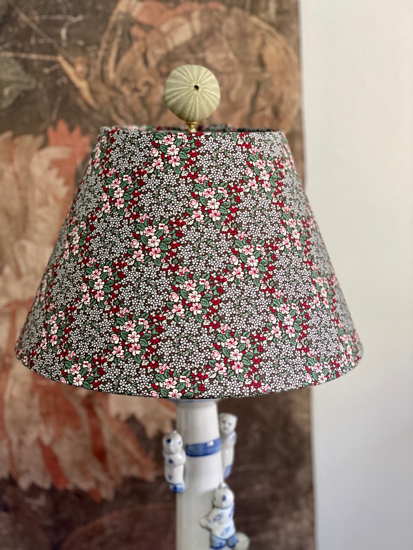 Small Conical Lampshade. Pretty Multicolored Poplin from Japan. Red, Pink, Green, and White on Charcoal.