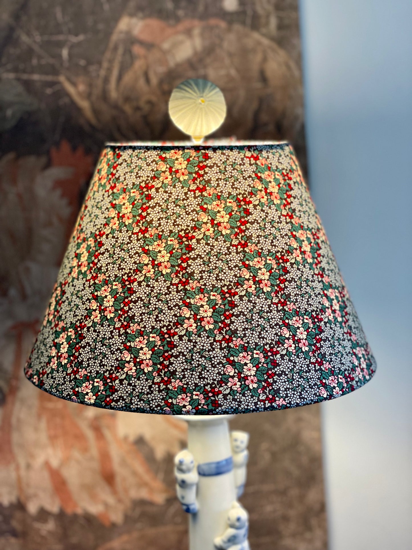 Small Conical Lampshade. Pretty Multicolored Poplin from Japan. Red, Pink, Green, and White on Charcoal.