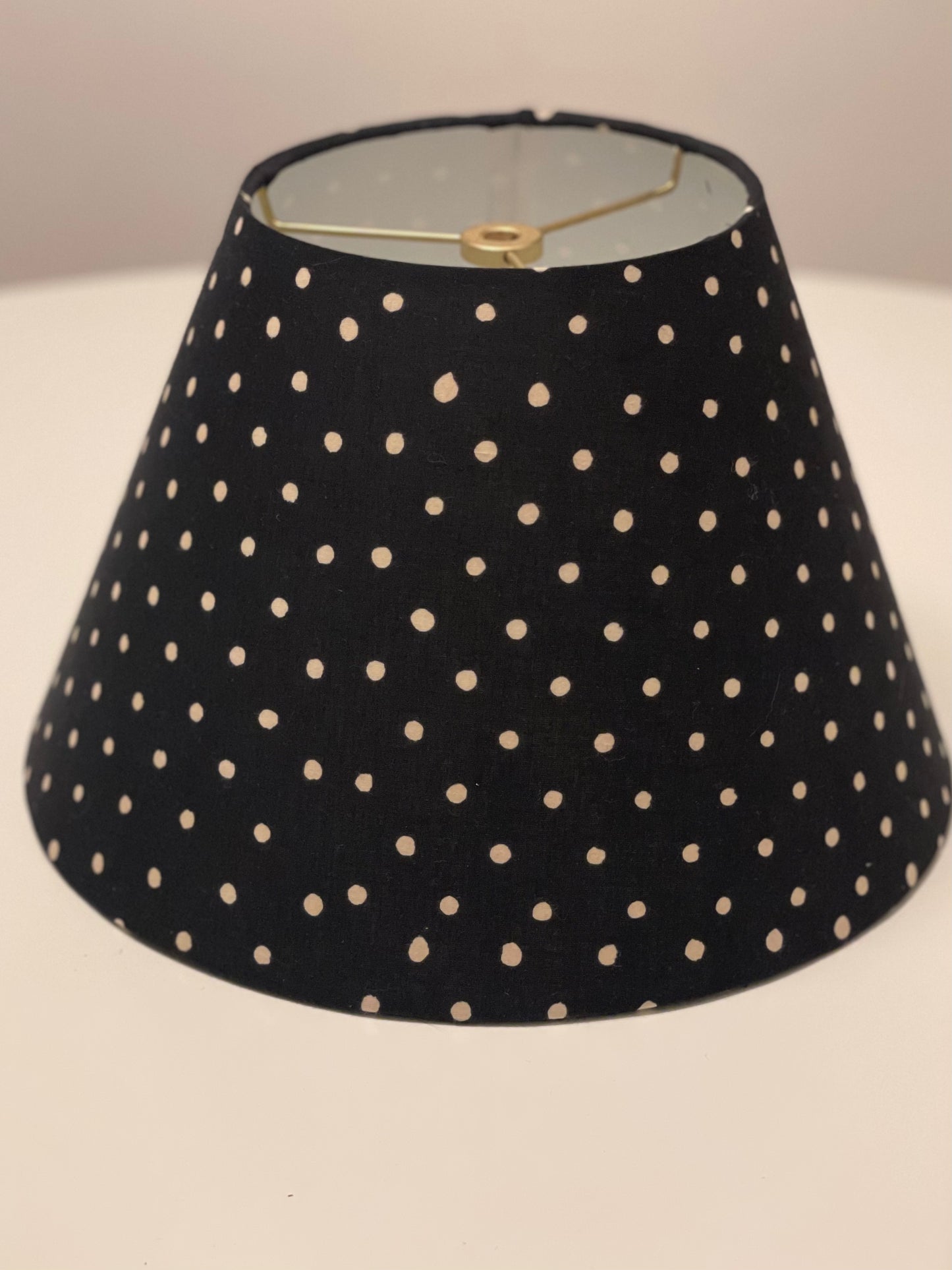 Small Conical Lampshade. Indian Hand Block Print. Black with Off-White Polka Dot.