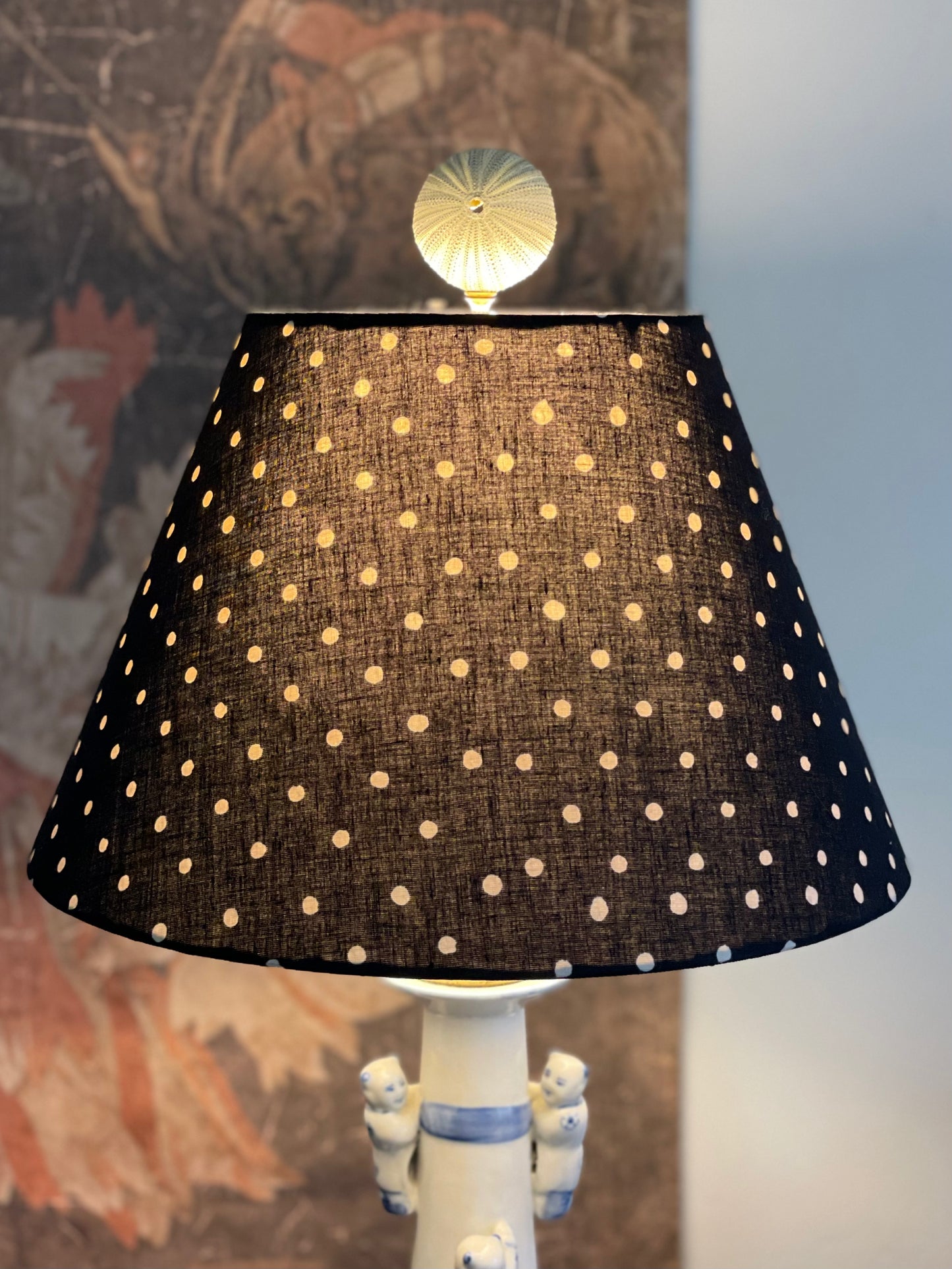 Small Conical Lampshade. Indian Hand Block Print. Black with Off-White Polka Dot.