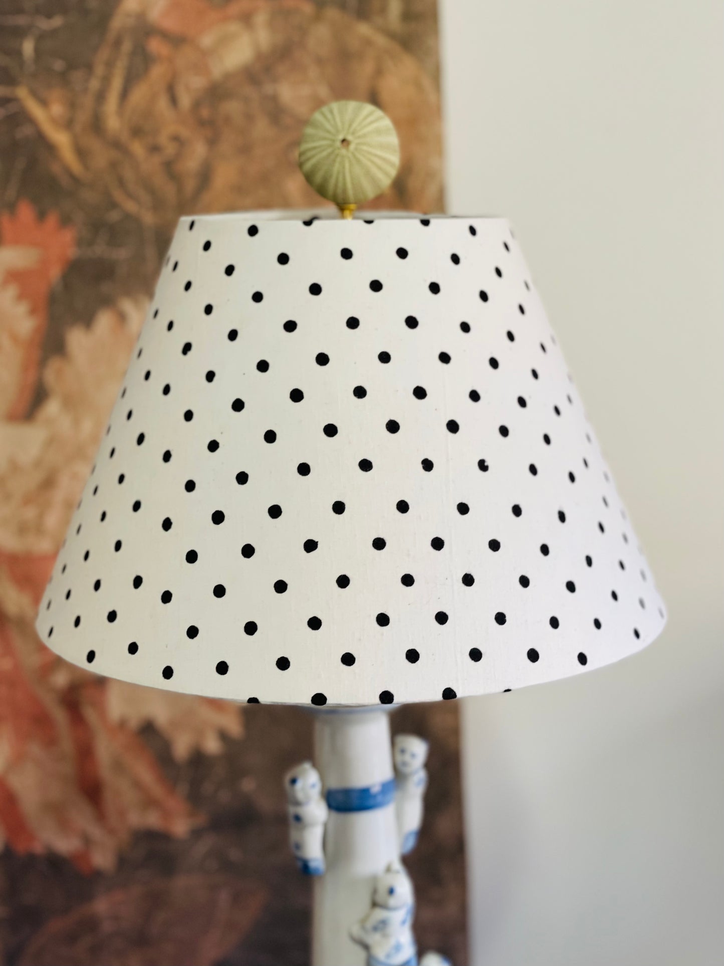 Small Conical Lampshade. Indian Hand Block Print. White with Black Polka Dots.