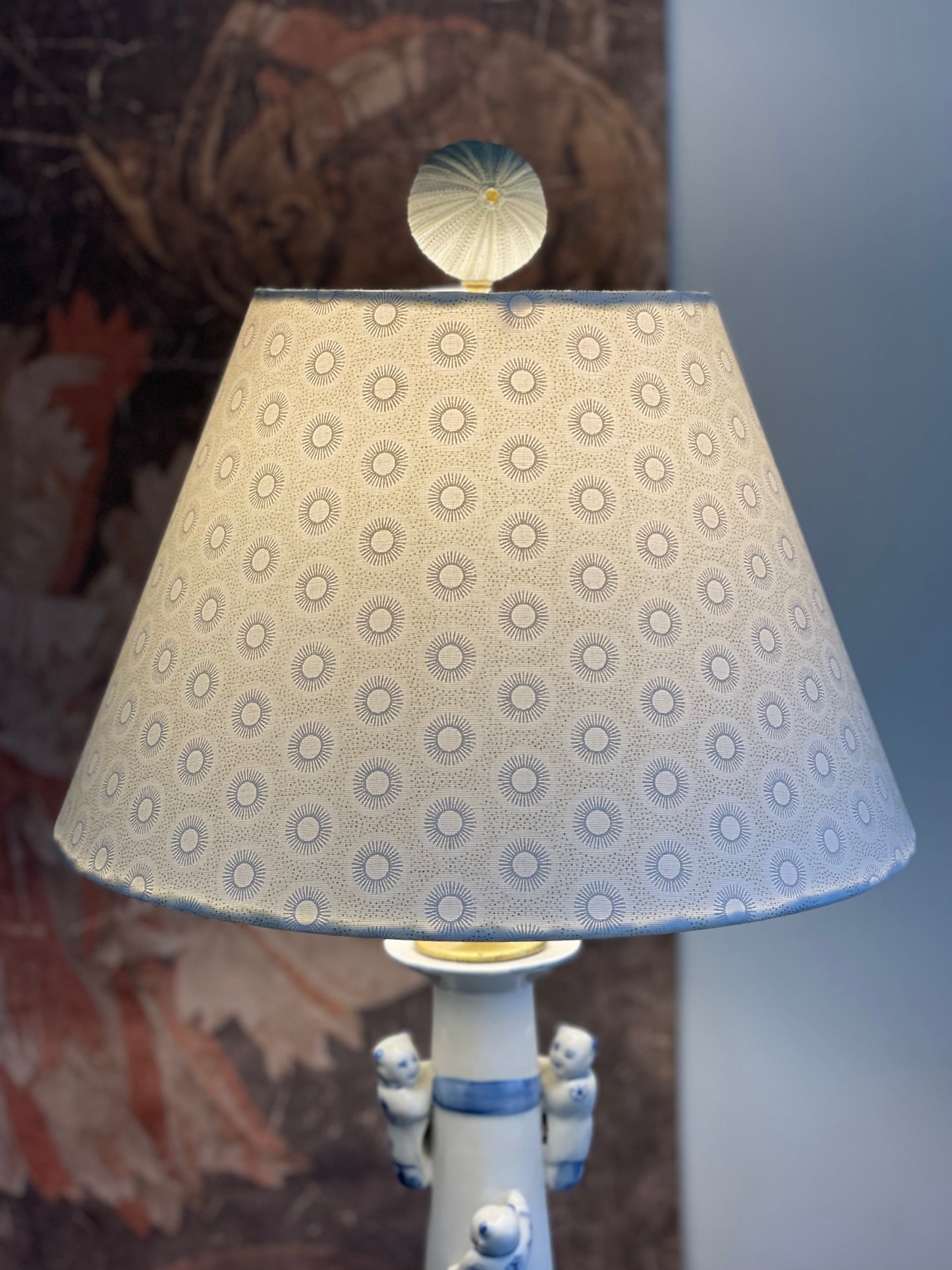 Small Conical Lampshade. Lovely South African Shwe Shwe Fabric- White and Gold.