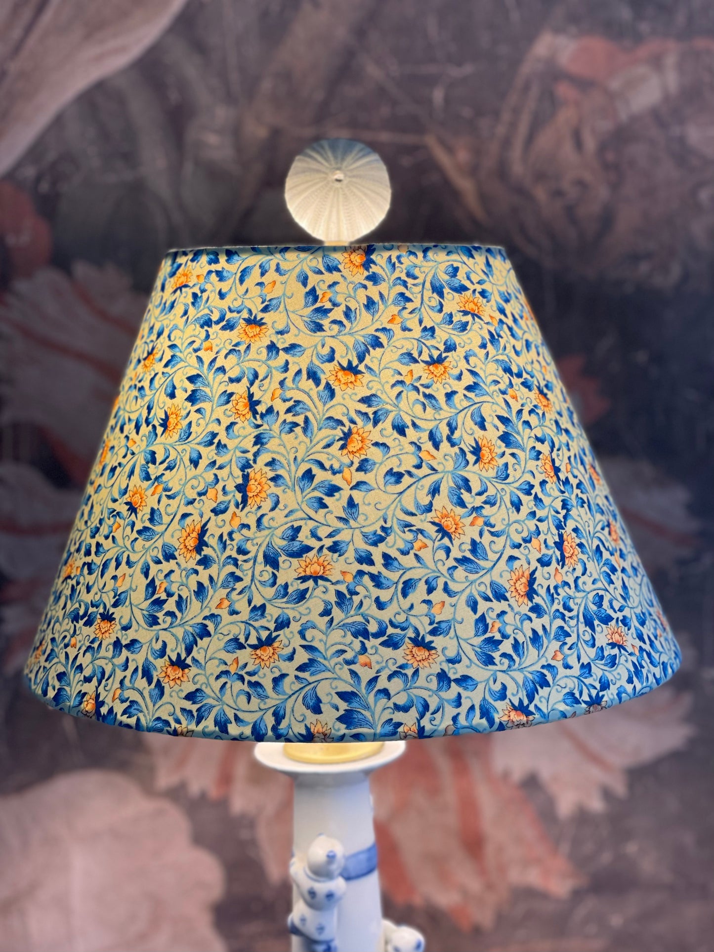 Small Conical Lampshade. Japanese Poplin. Ochre, Sepia, and Blue Leaf and Bud Motif on Ecru.
