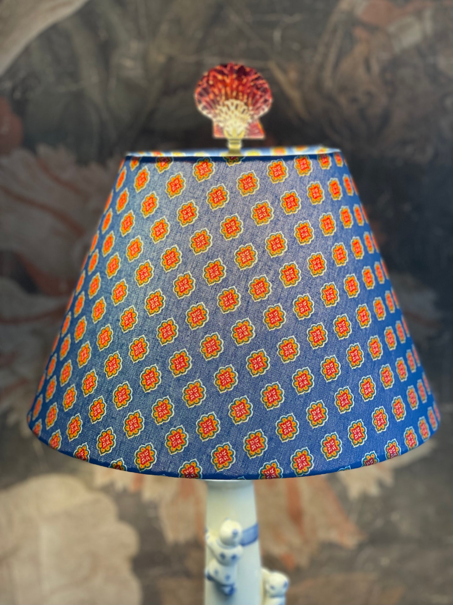 Small Conical Lampshade. Vibrant Provençal "Antibes" Print in Bright Teal and Tangerine.