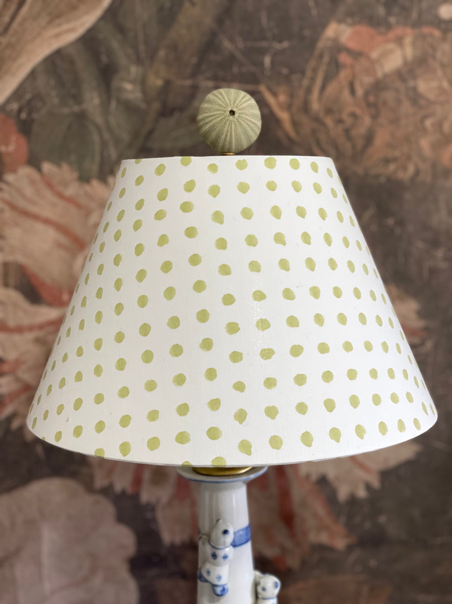 Small Conical Lampshade. Indian Hand Block Print. Pretty Pale Green Polka Dot.
