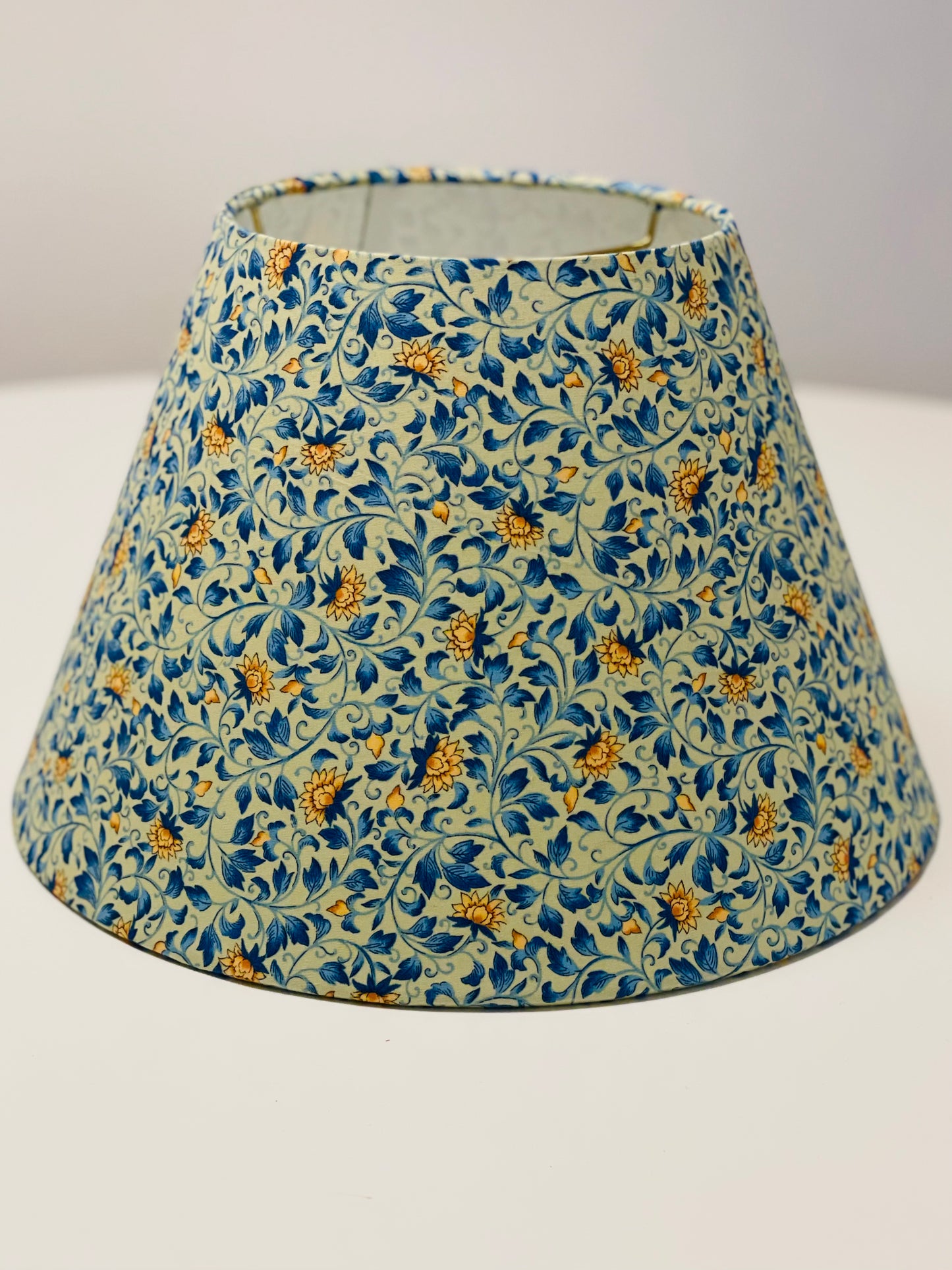 Small Conical Lampshade. Japanese Poplin. Ochre, Sepia, and Blue Leaf and Bud Motif on Ecru.