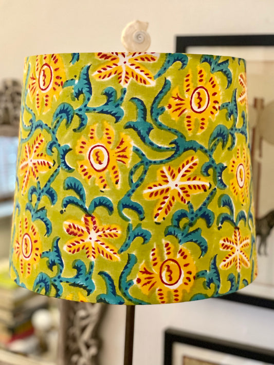 Medium Empire Lampshade.  Indian Hand Block Print. Apple Green, Dark Cyan, Crimson, and Golden Poppy Starfish Motif.