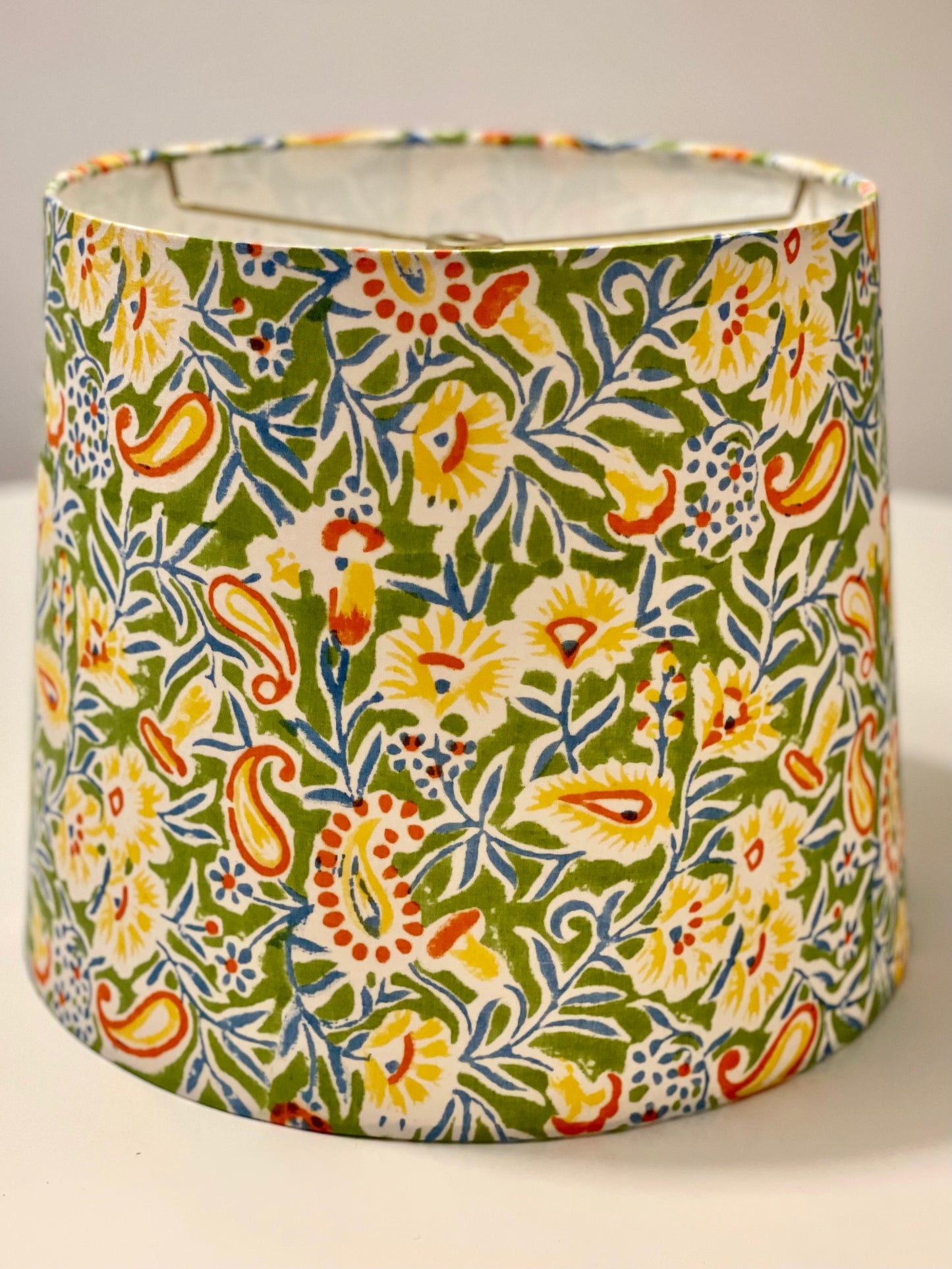Medium Empire Lampshade. Indian Hand Block Print. Apple Green, Bright Yellow, Red and Steely Blue Floral.