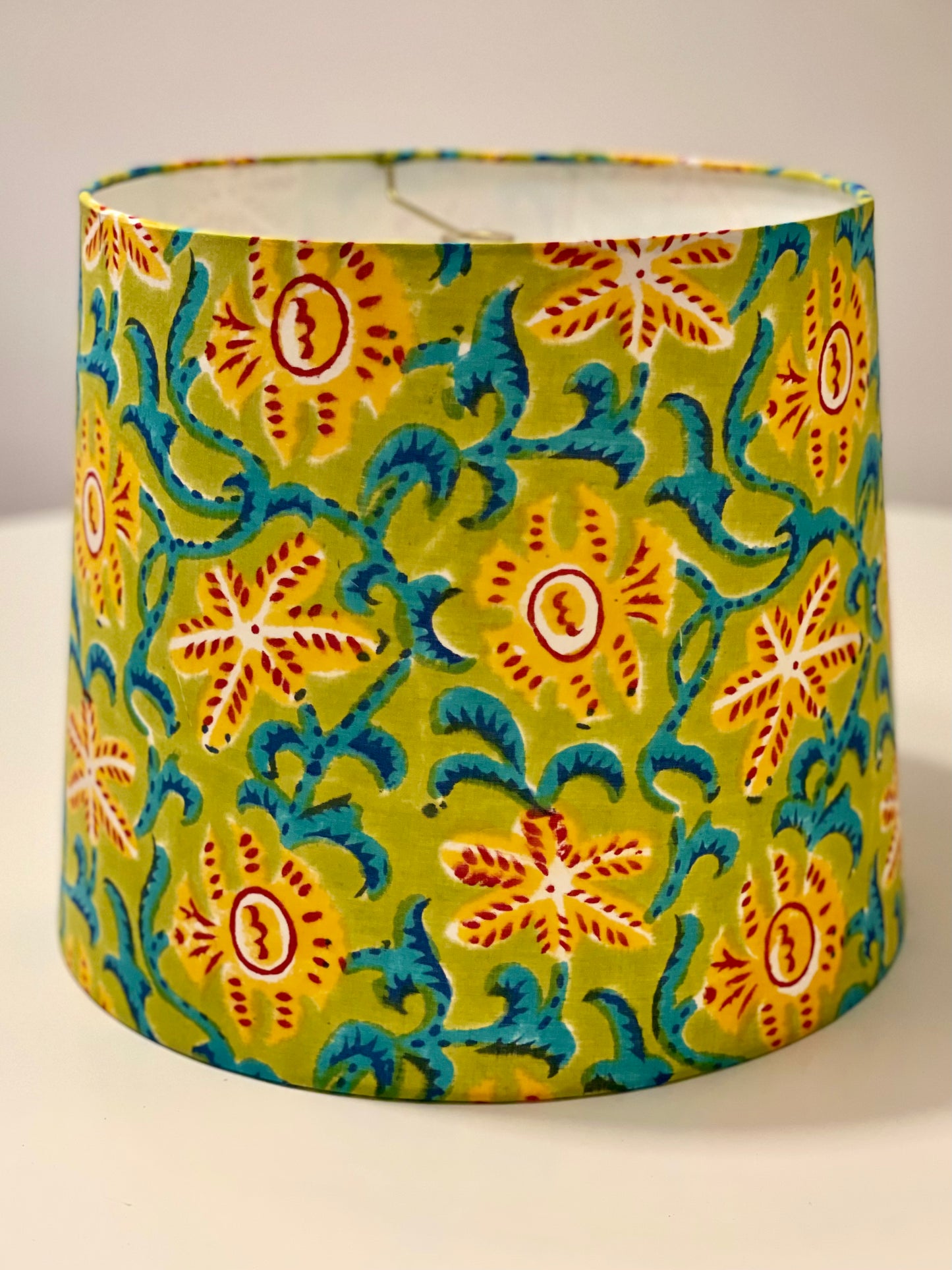 Medium Empire Lampshade.  Indian Hand Block Print. Apple Green, Dark Cyan, Crimson, and Golden Poppy Starfish Motif.