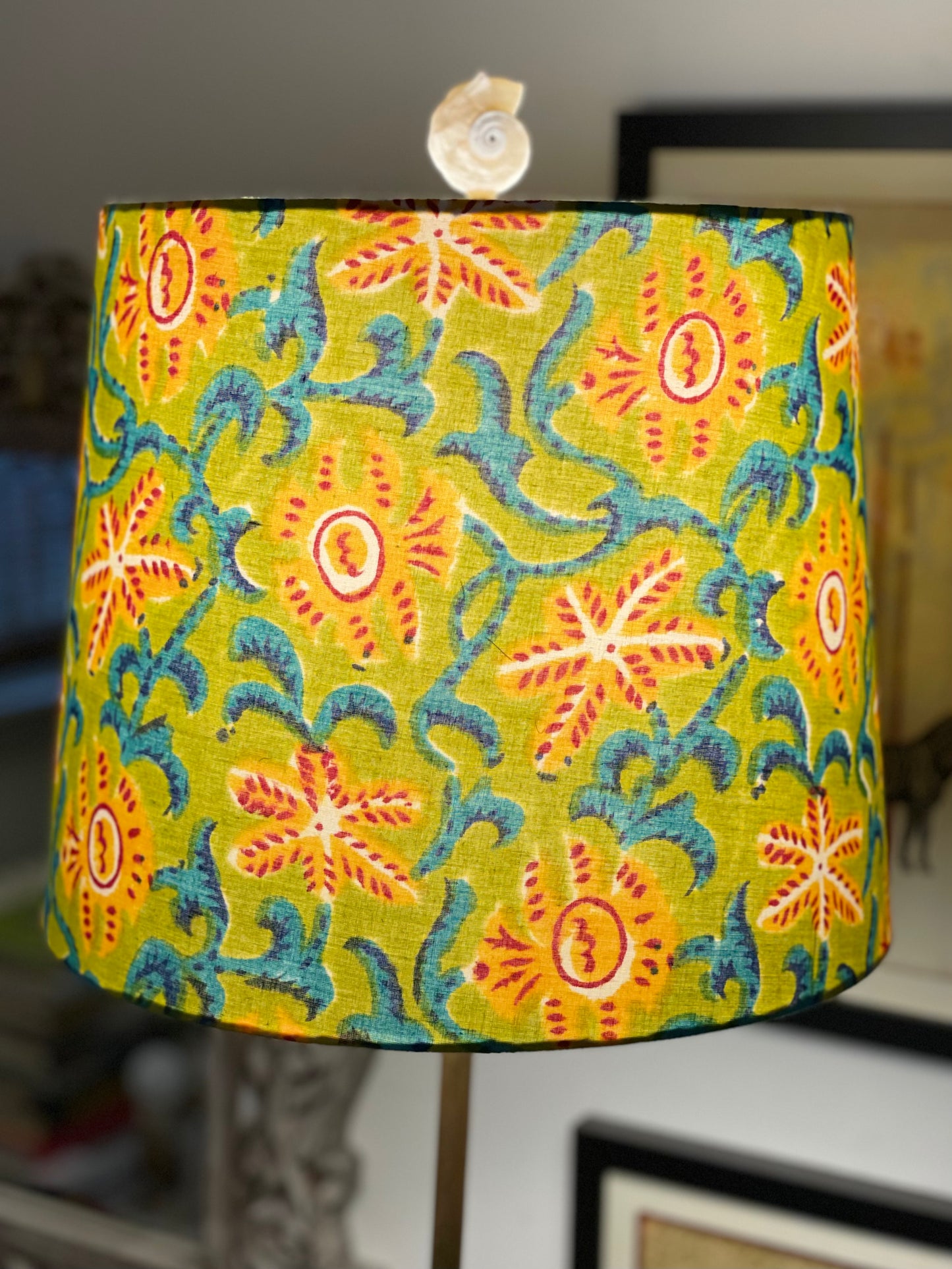 Medium Empire Lampshade.  Indian Hand Block Print. Apple Green, Dark Cyan, Crimson, and Golden Poppy Starfish Motif.
